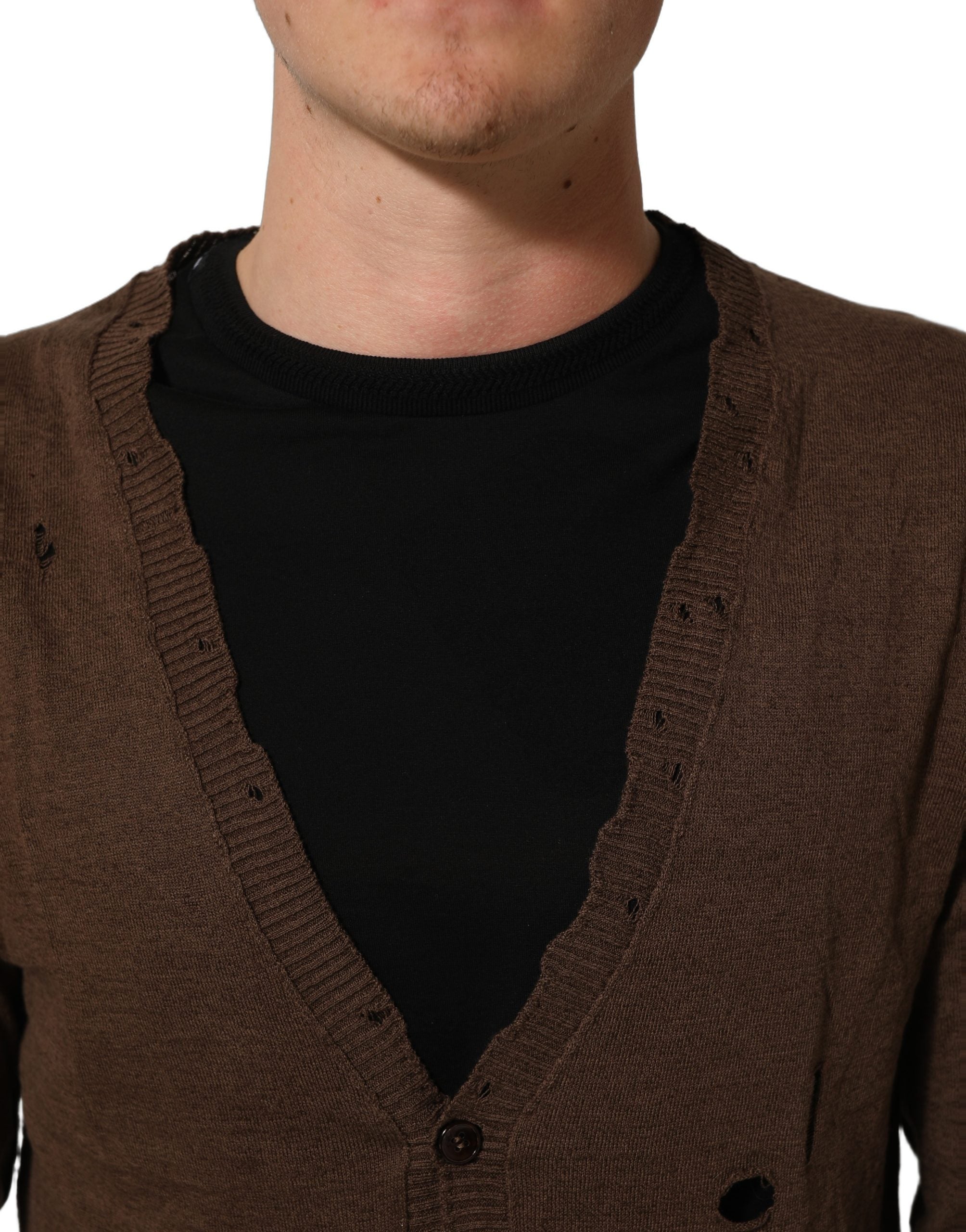 Dolce & Gabbana Brown Flax Buttoned V-neck Pullover Men's Sweater