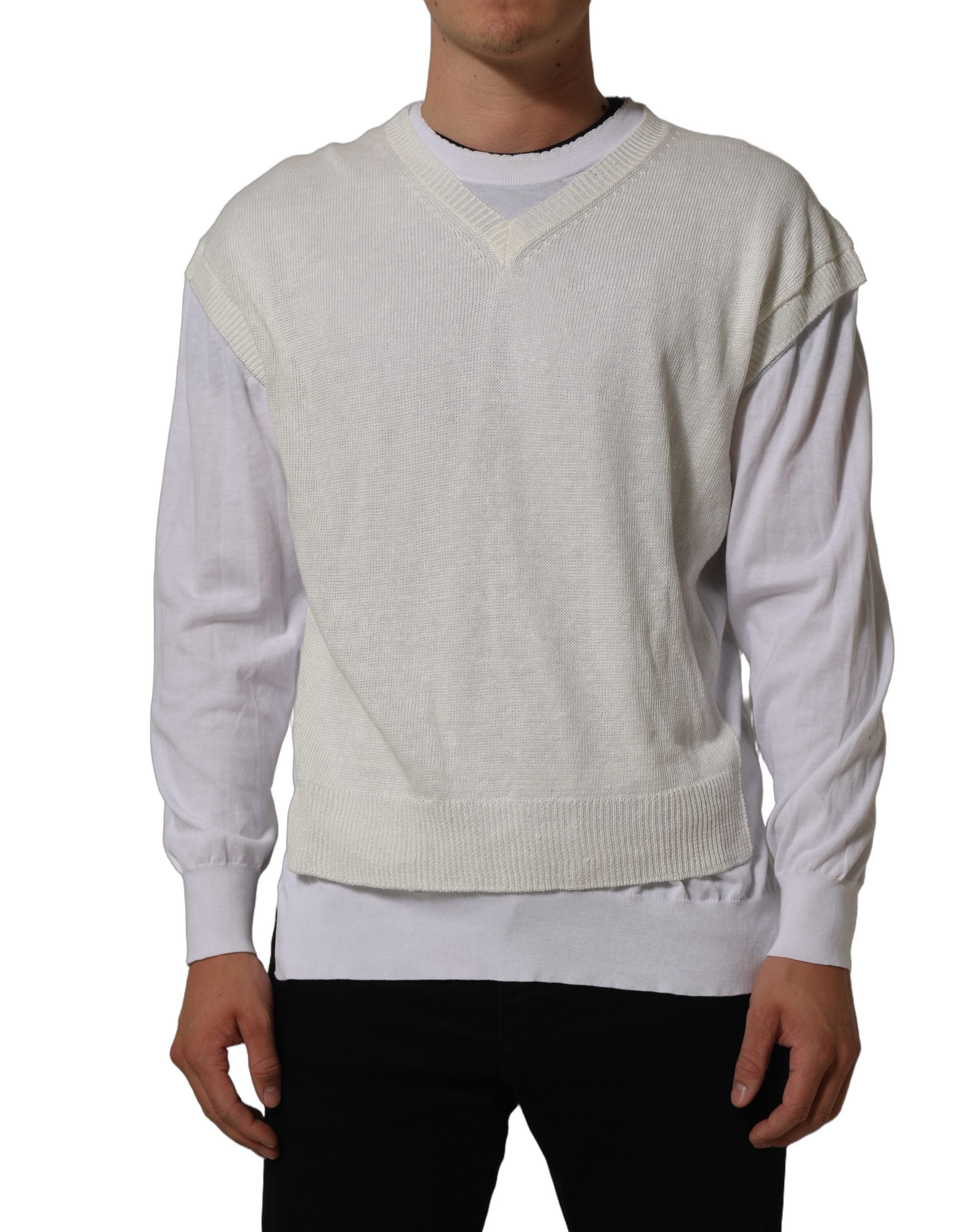 Dolce & Gabbana White Flax CrewNeck Layered Pullover Men's Sweater