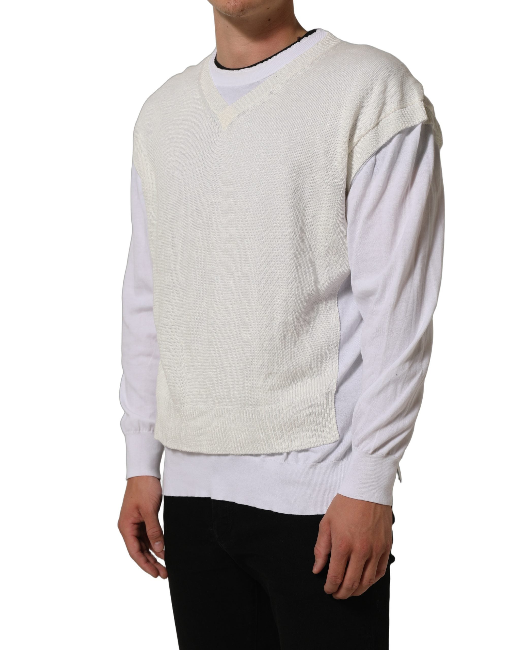 Dolce & Gabbana White Flax CrewNeck Layered Pullover Men's Sweater