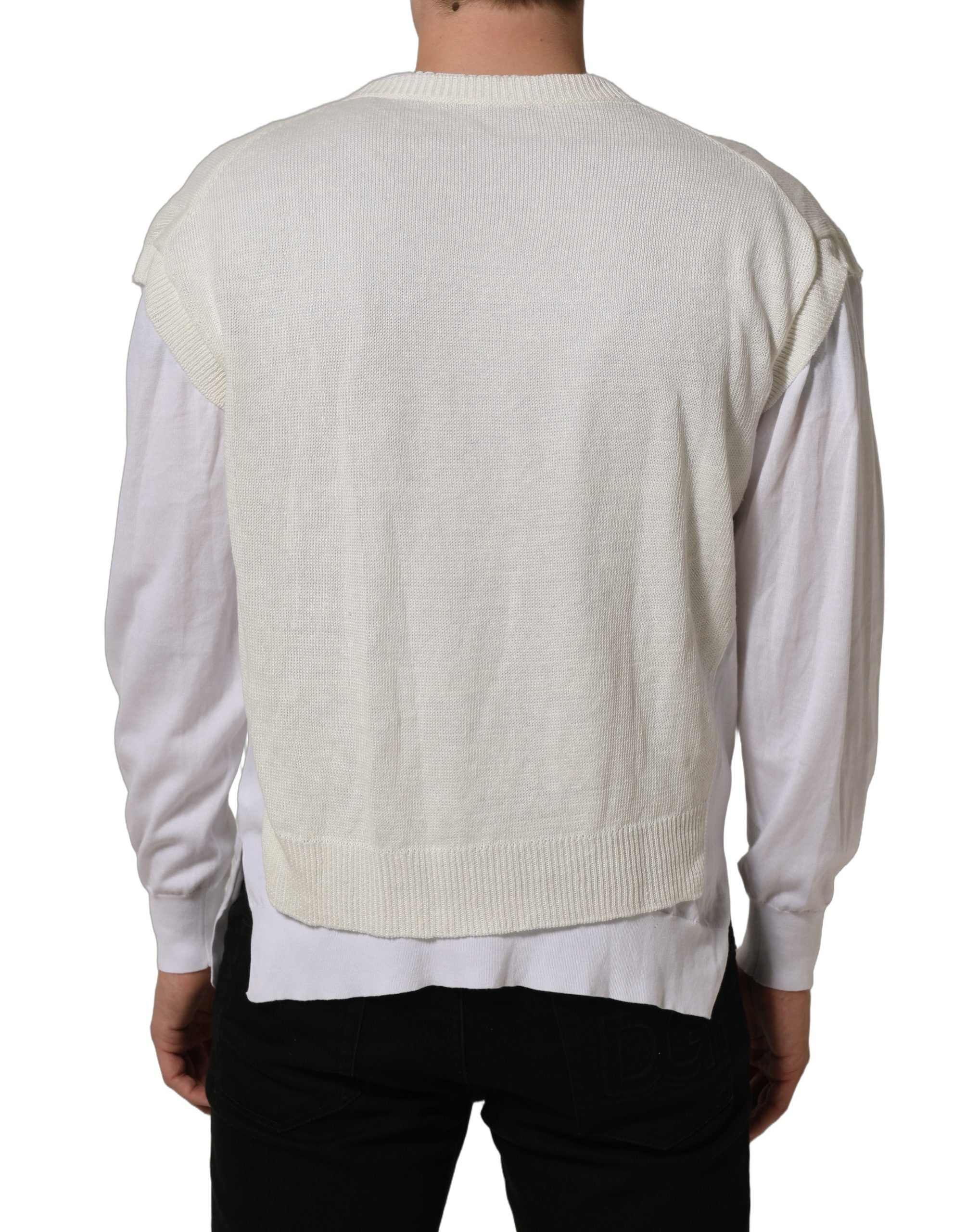 Dolce & Gabbana White Flax CrewNeck Layered Pullover Men's Sweater