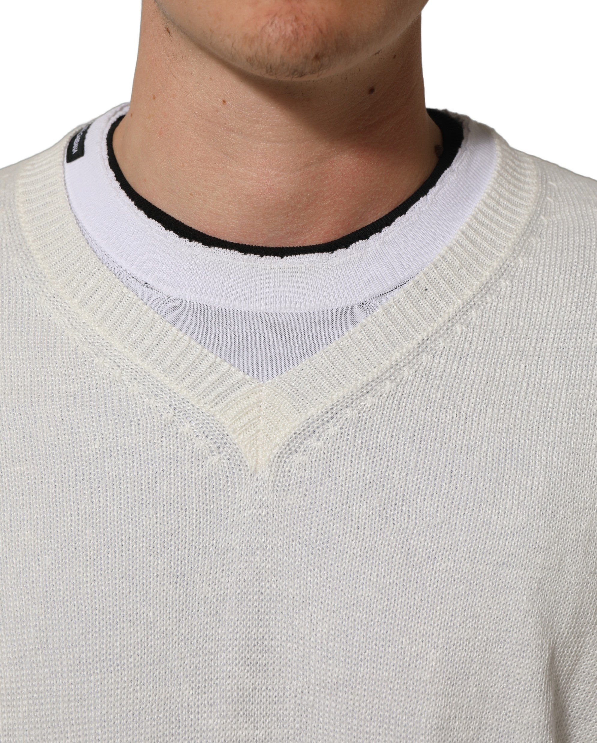 Dolce & Gabbana White Flax CrewNeck Layered Pullover Men's Sweater