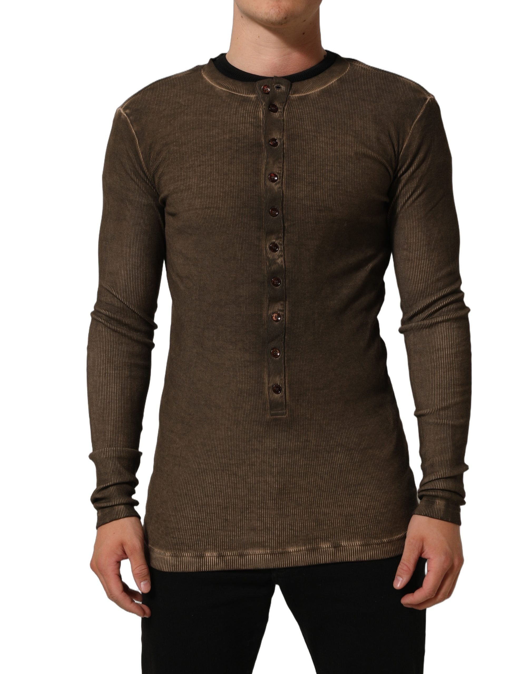 Dolce & Gabbana Brown Cotton Buttoned Henley Pullover Men's Sweater (Pre-Owned)