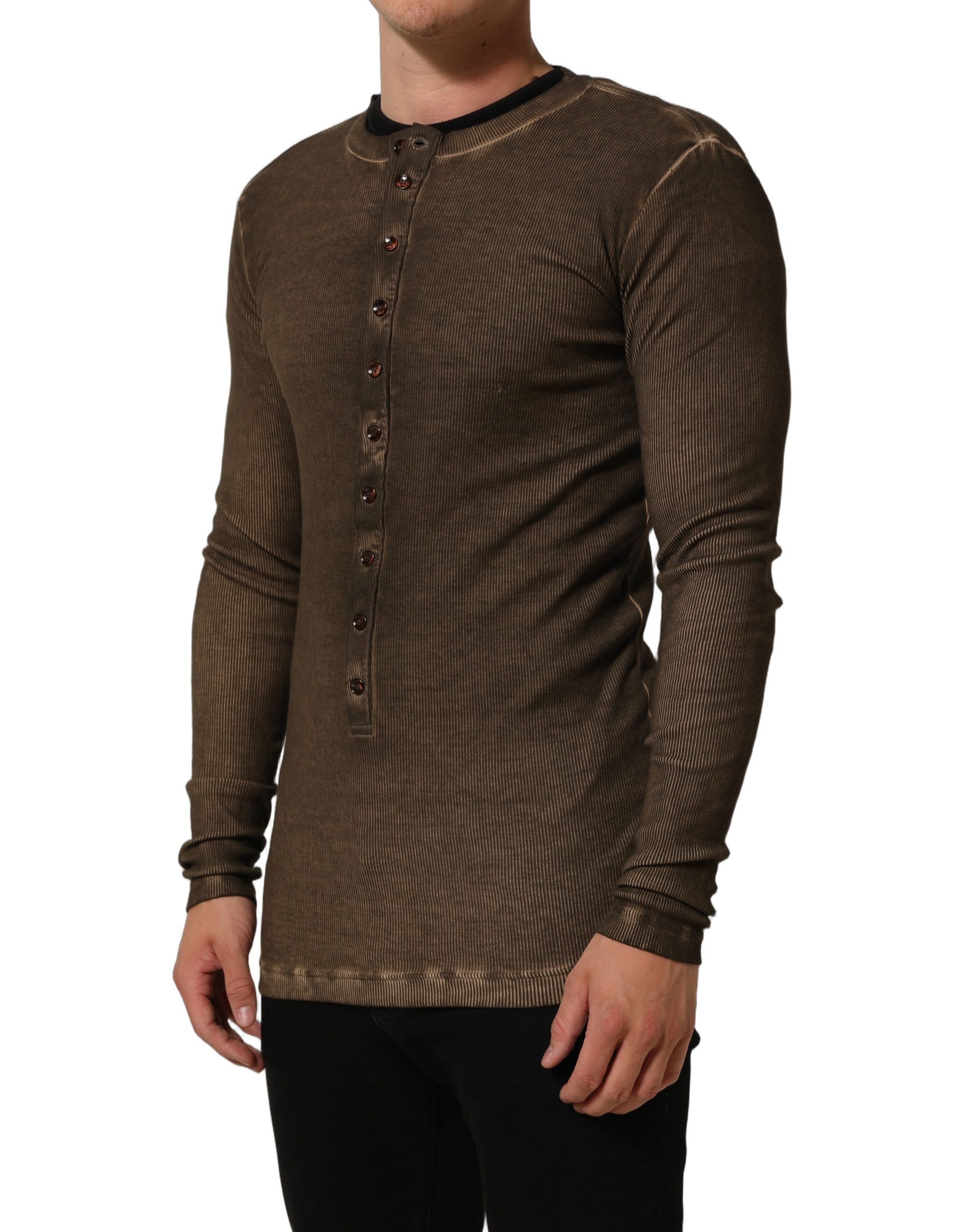 Dolce & Gabbana Brown Cotton Buttoned Henley Pullover Men's Sweater (Pre-Owned)