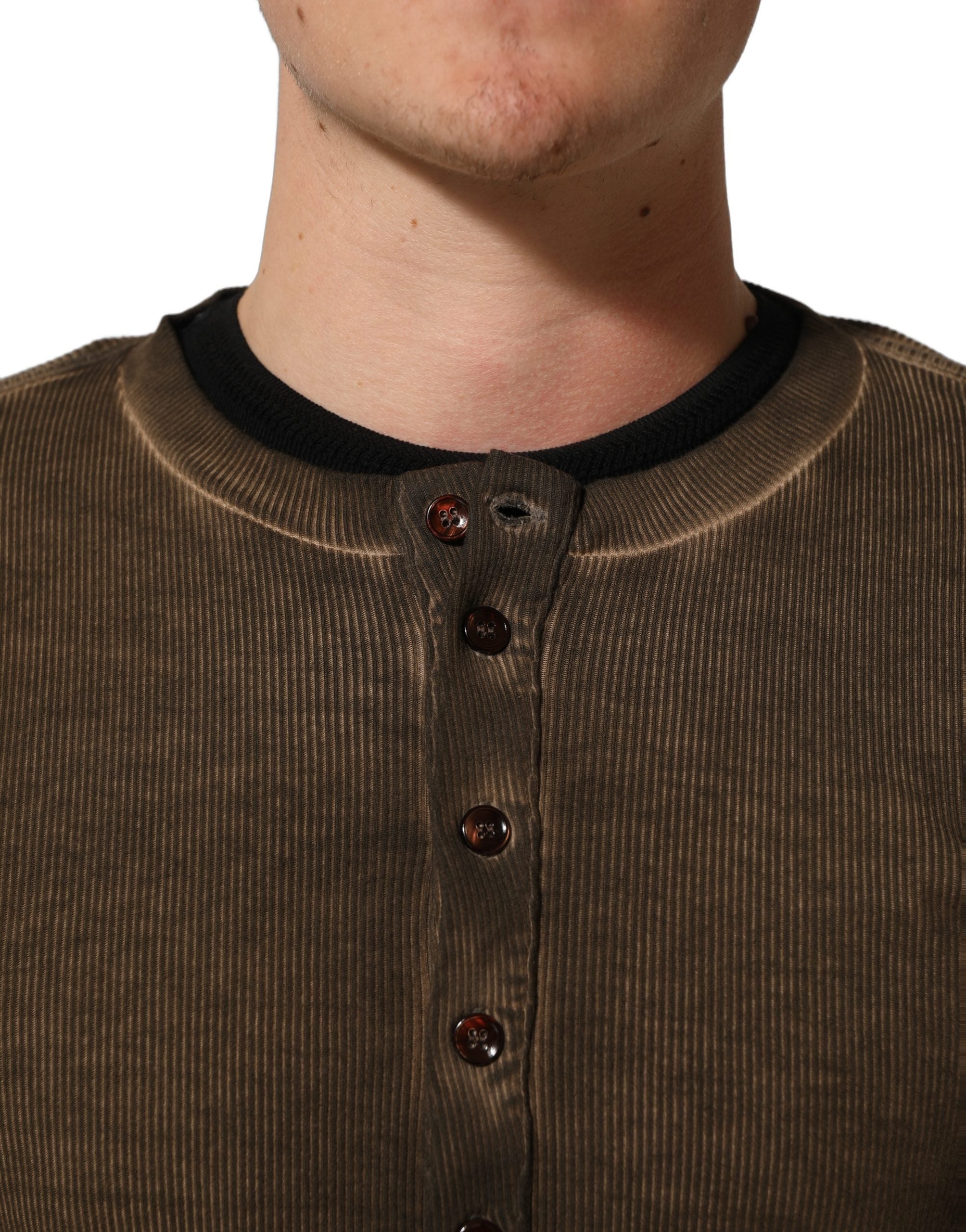 Dolce & Gabbana Brown Cotton Buttoned Henley Pullover Men's Sweater (Pre-Owned)