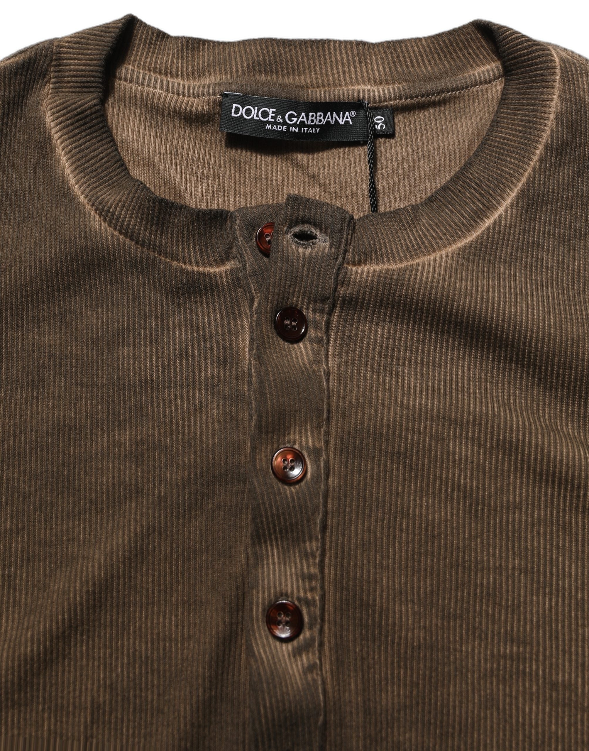 Dolce & Gabbana Brown Cotton Buttoned Henley Pullover Men's Sweater (Pre-Owned)