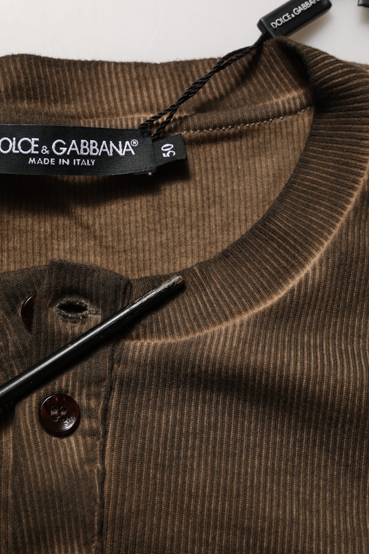 Dolce & Gabbana Brown Cotton Buttoned Henley Pullover Men's Sweater (Pre-Owned)