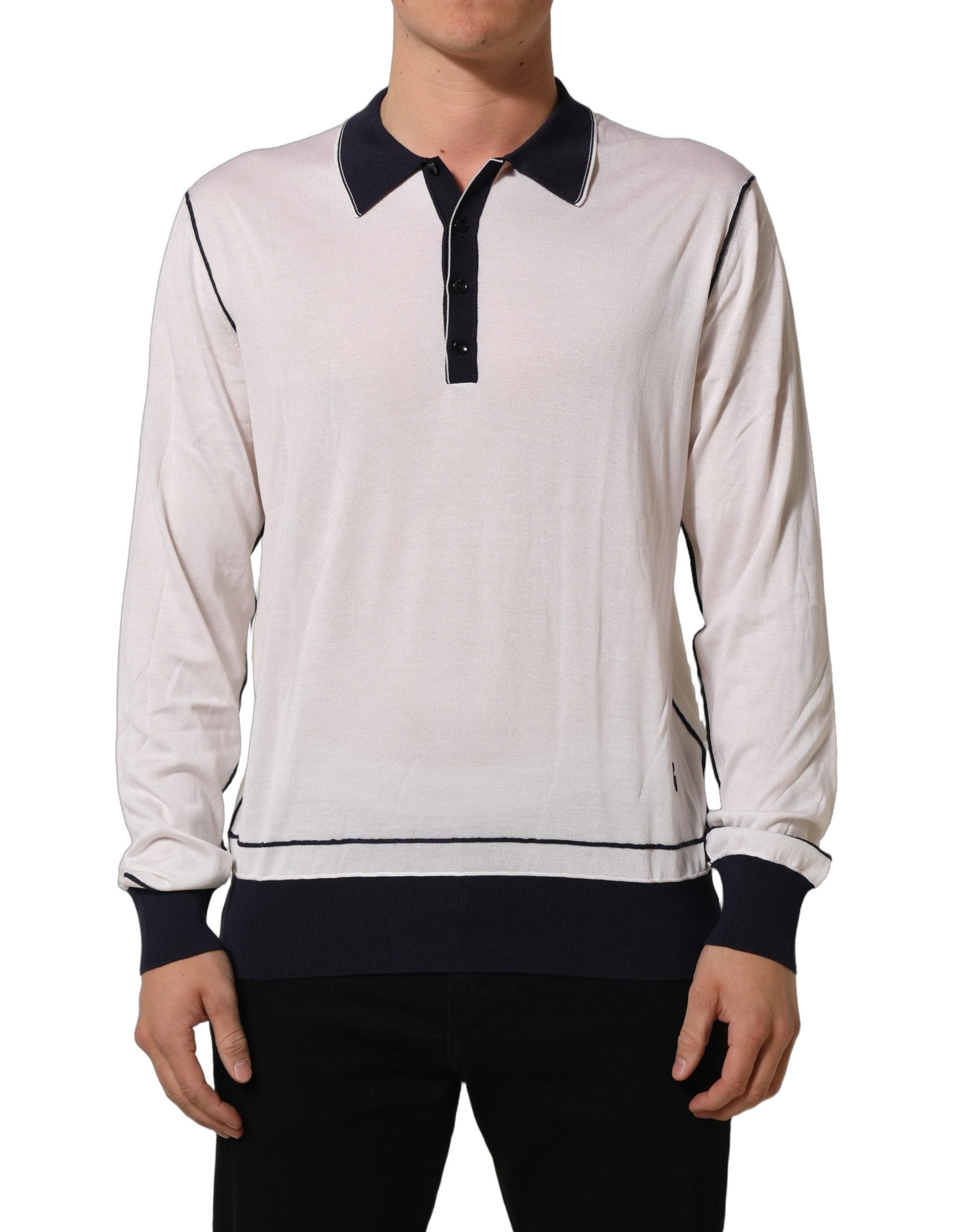 Dolce & Gabbana White Silk Collared Henley Pullover Men's Sweater (Pre-Owned)