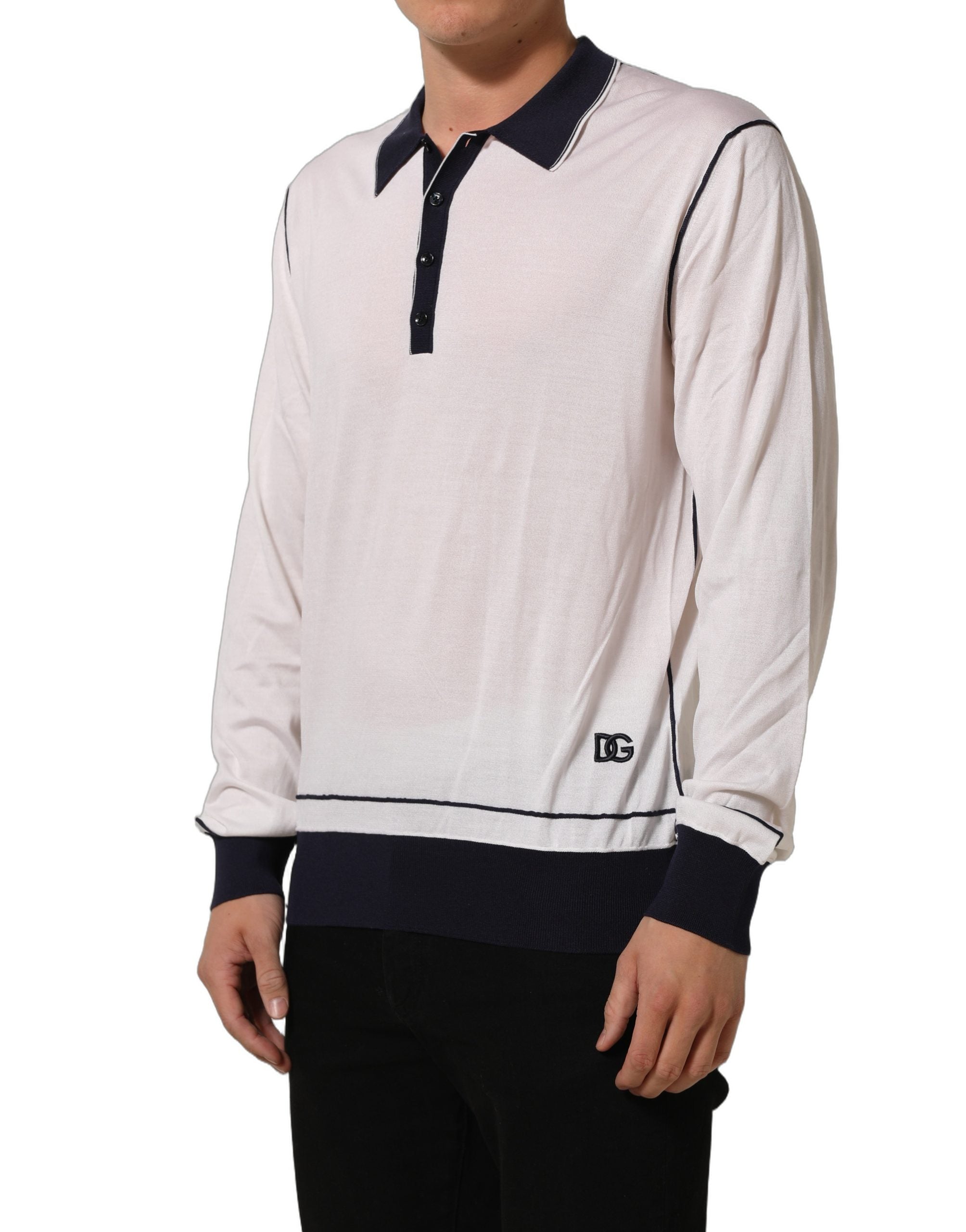 Dolce & Gabbana White Silk Collared Henley Pullover Men's Sweater (Pre-Owned)
