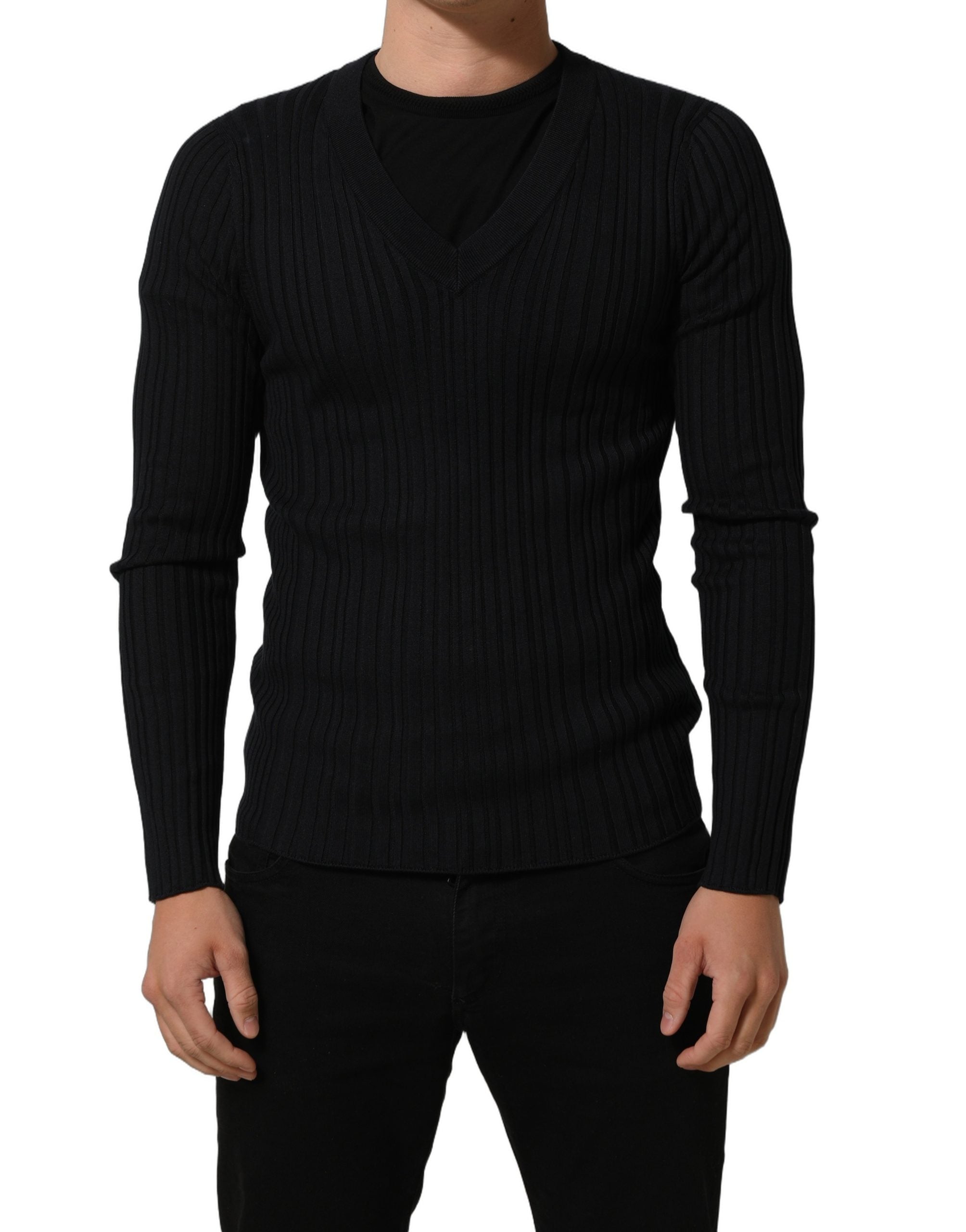 Dolce & Gabbana Black Silk Blend V-neck Pullover Men Men's Sweater