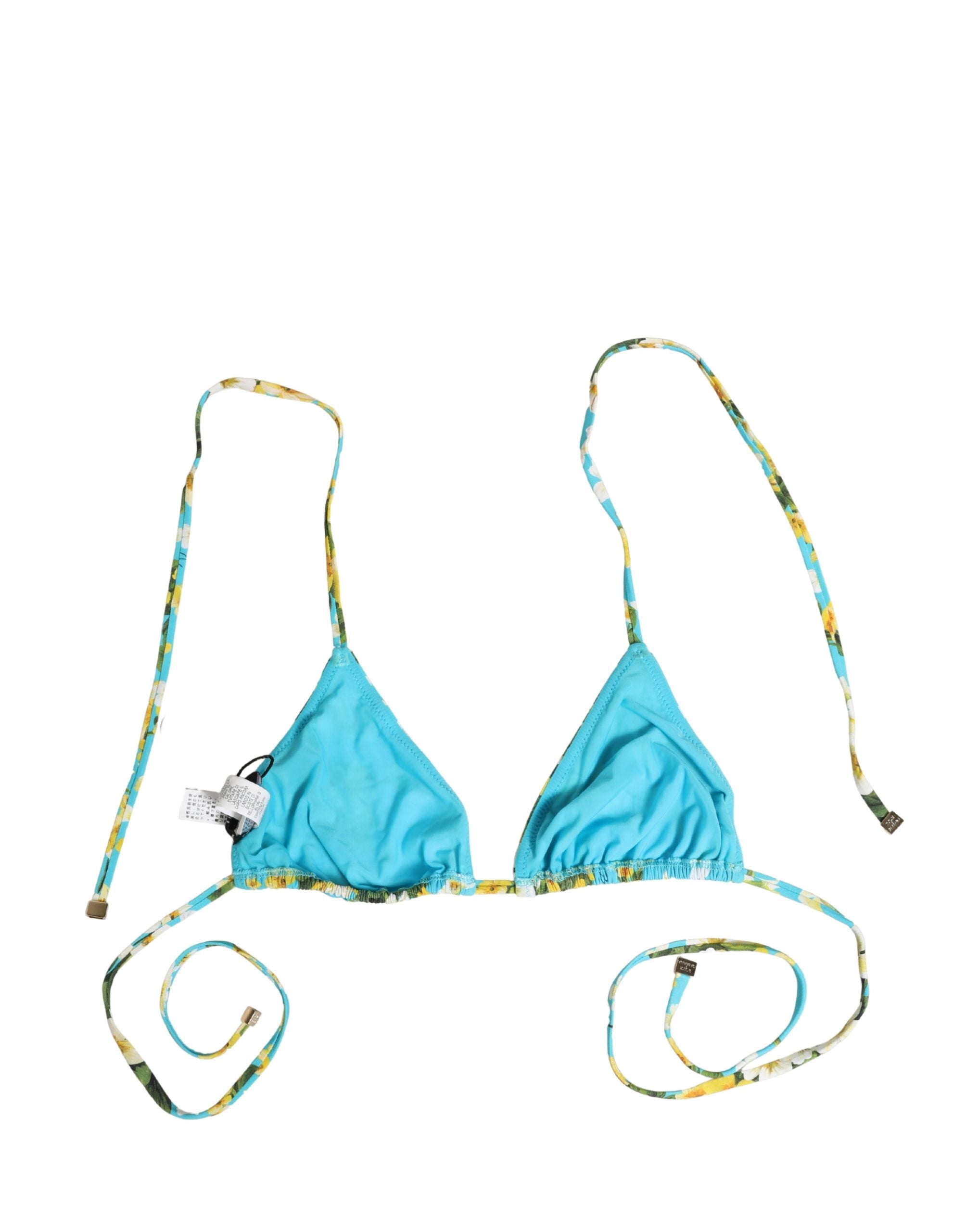 Dolce & Gabbana Blue Floral Print Nylon Halter Bikini Top Women's Swimwear