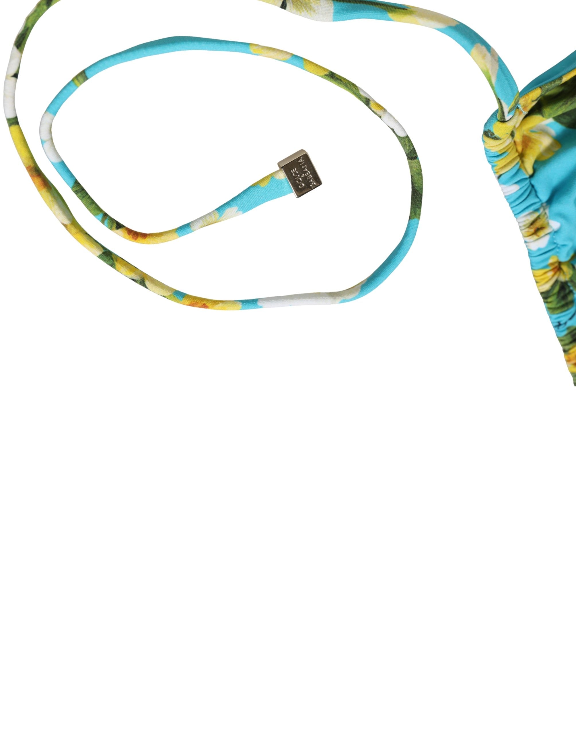 Dolce & Gabbana Blue Floral Print Nylon Halter Bikini Top Women's Swimwear