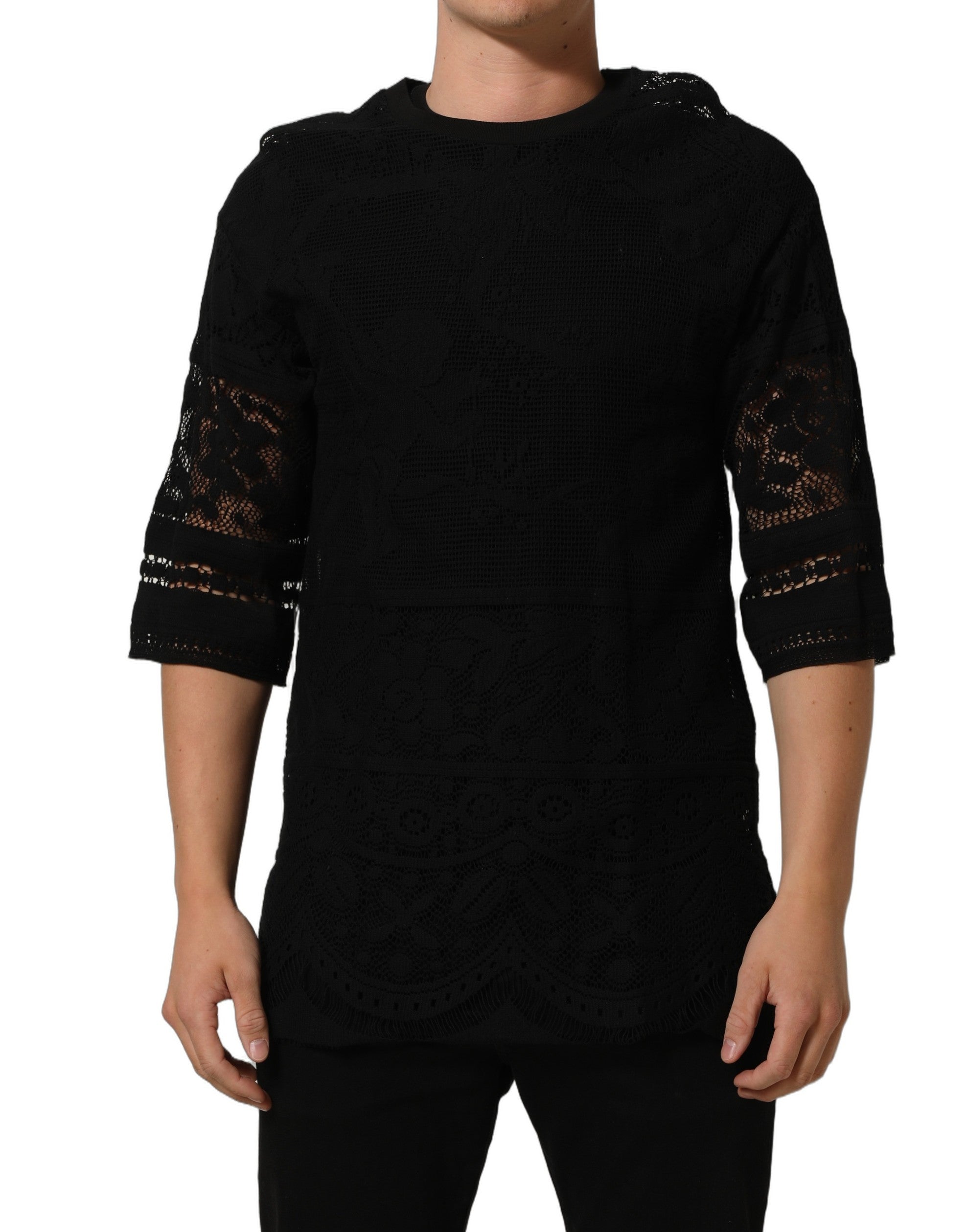 Dolce & Gabbana Black Cotton Floral Lace Crew Neck Men's T-shirt
