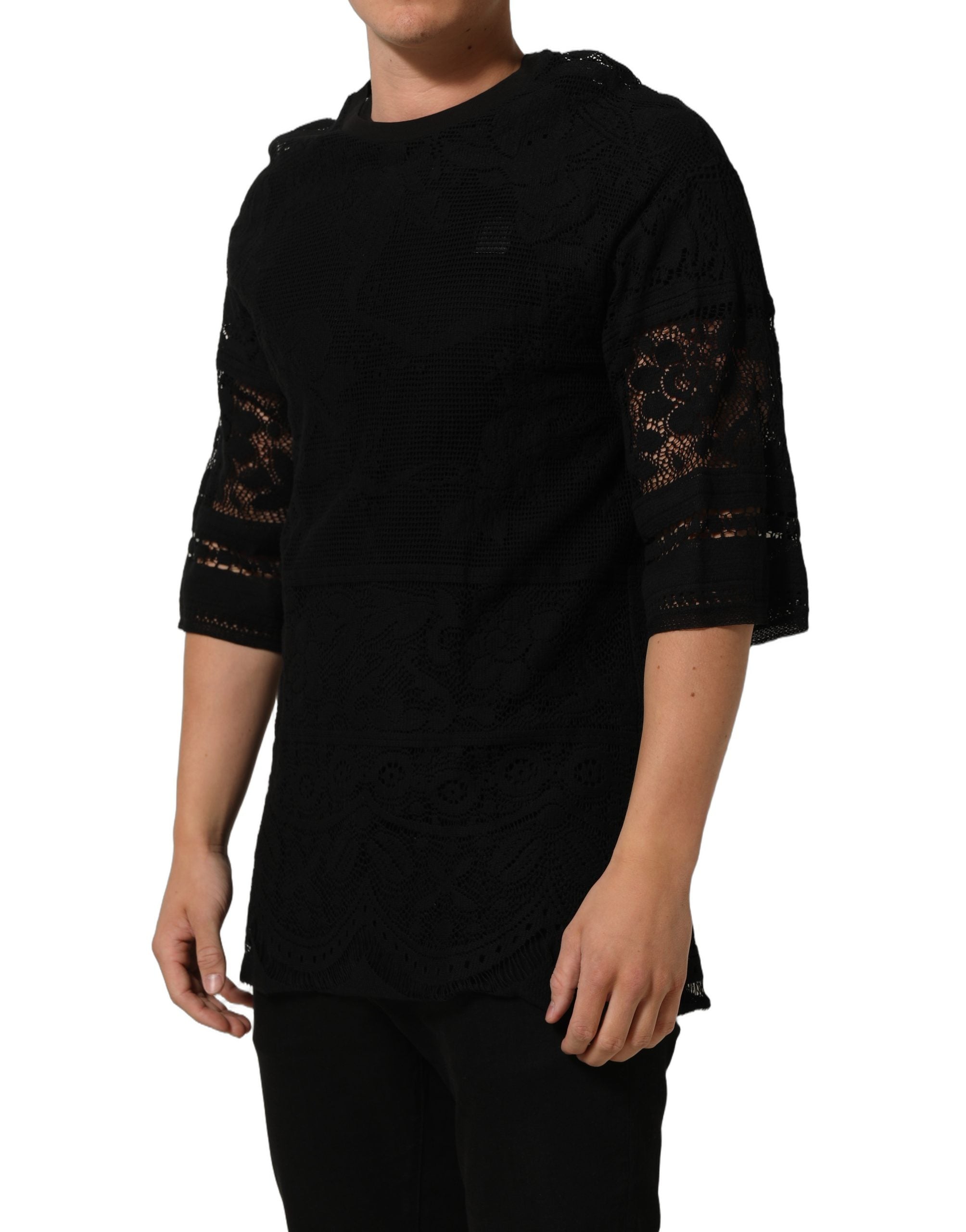 Dolce & Gabbana Black Cotton Floral Lace Crew Neck Men's T-shirt