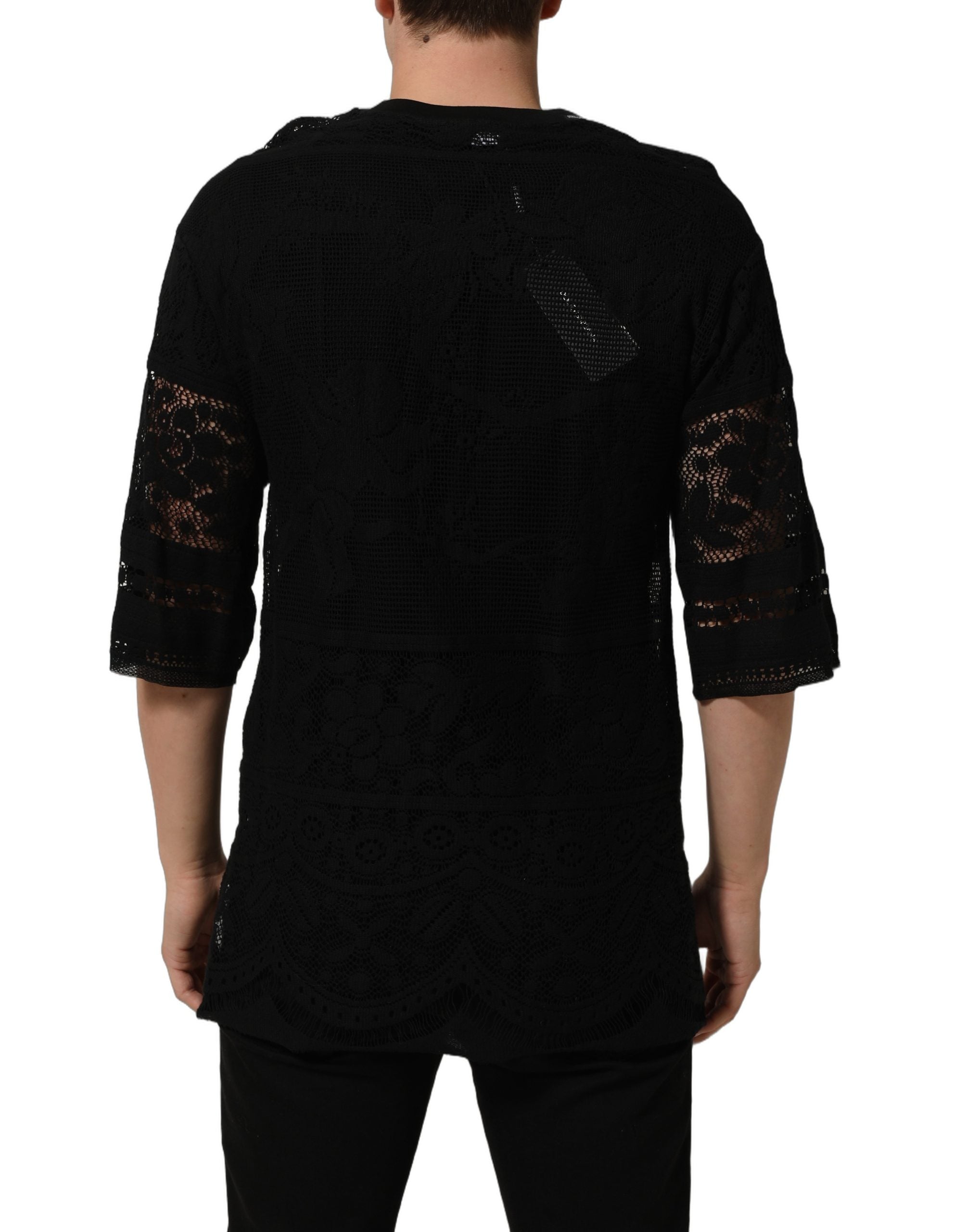 Dolce & Gabbana Black Cotton Floral Lace Crew Neck Men's T-shirt