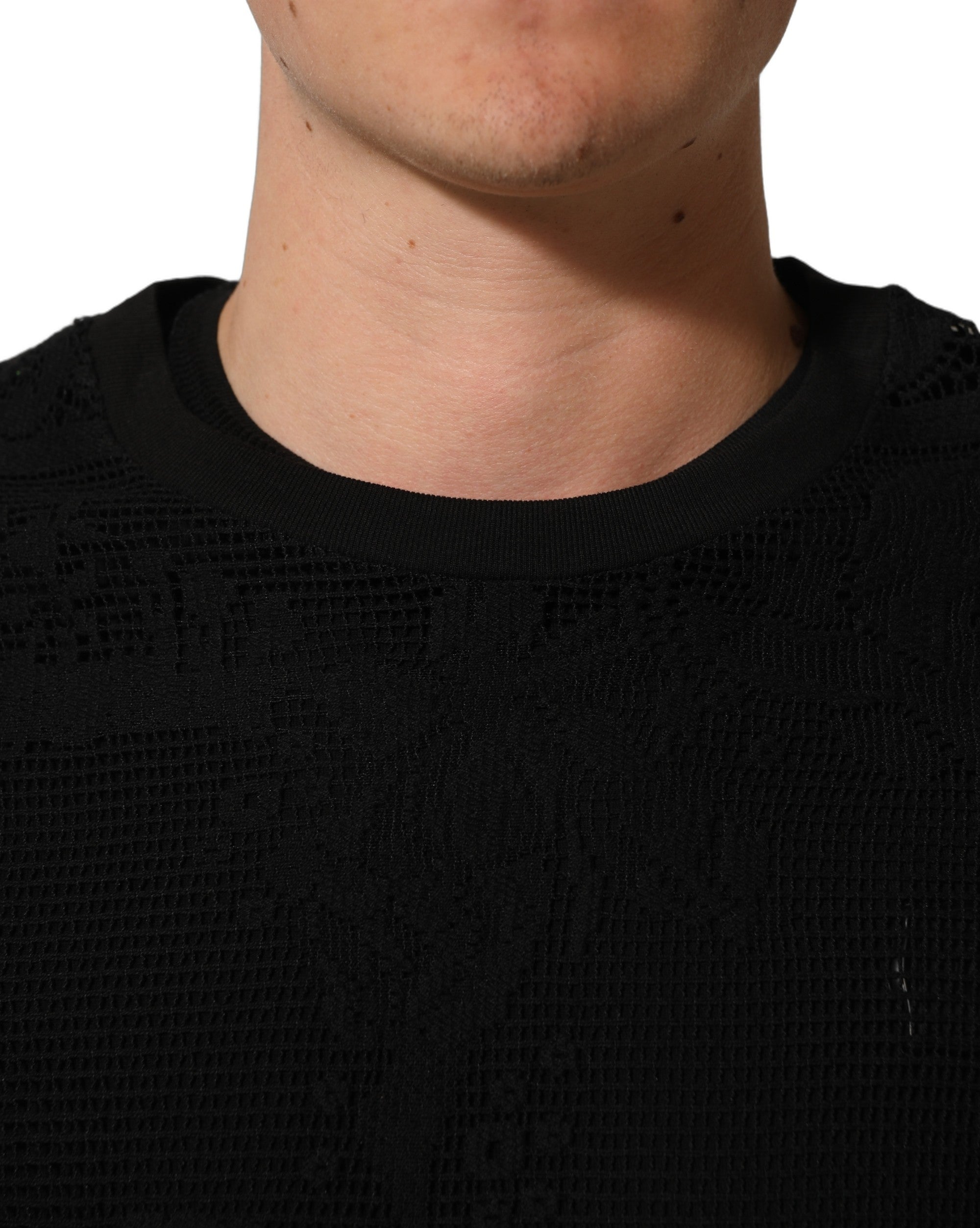 Dolce & Gabbana Black Cotton Floral Lace Crew Neck Men's T-shirt