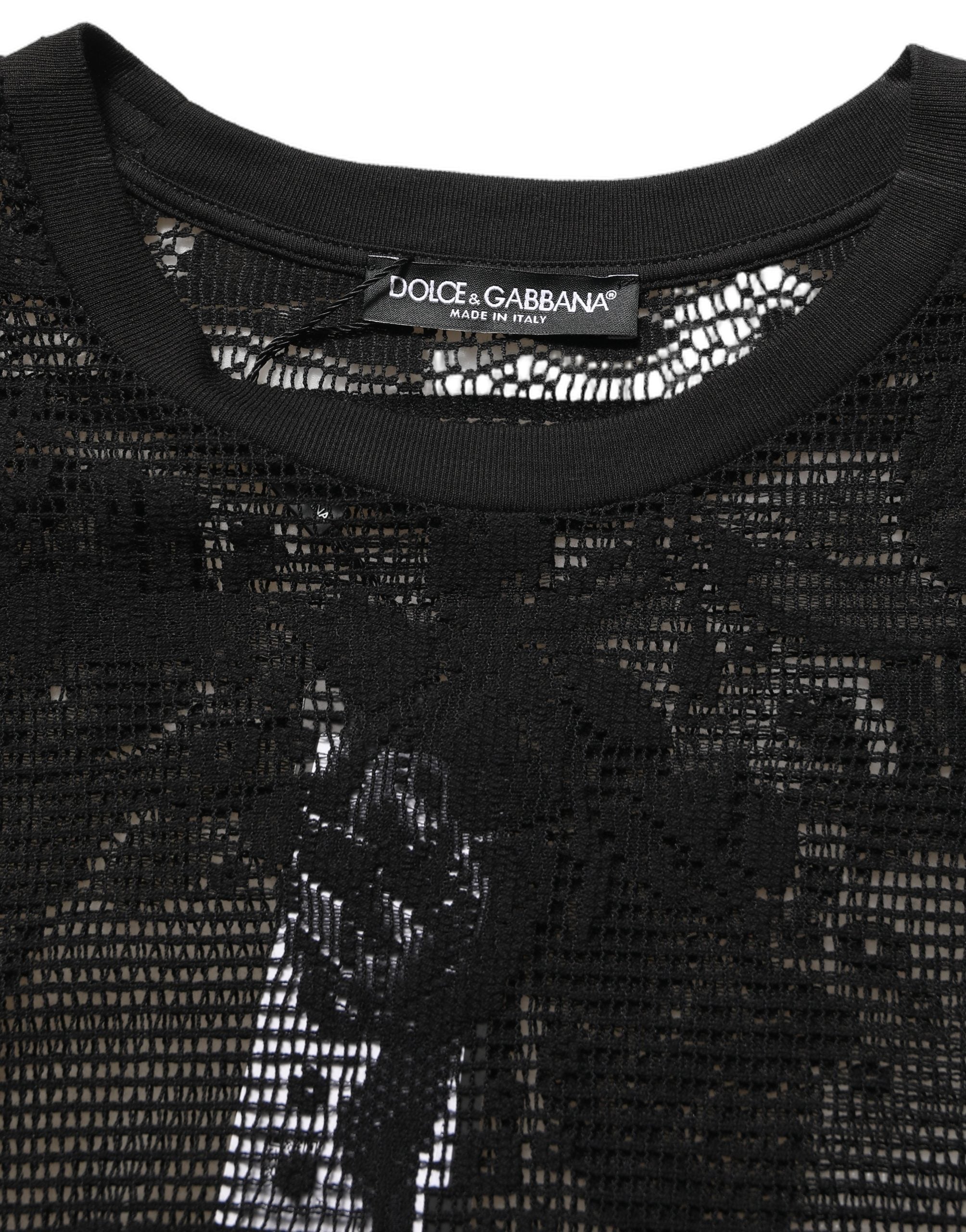 Dolce & Gabbana Black Cotton Floral Lace Crew Neck Men's T-shirt