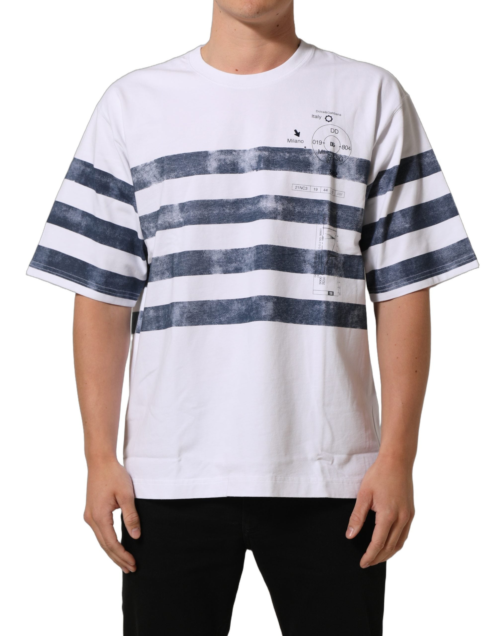 Dolce & Gabbana White Blue Stripe Cotton Short Sleeve Men's T-shirt (Pre-Owned)
