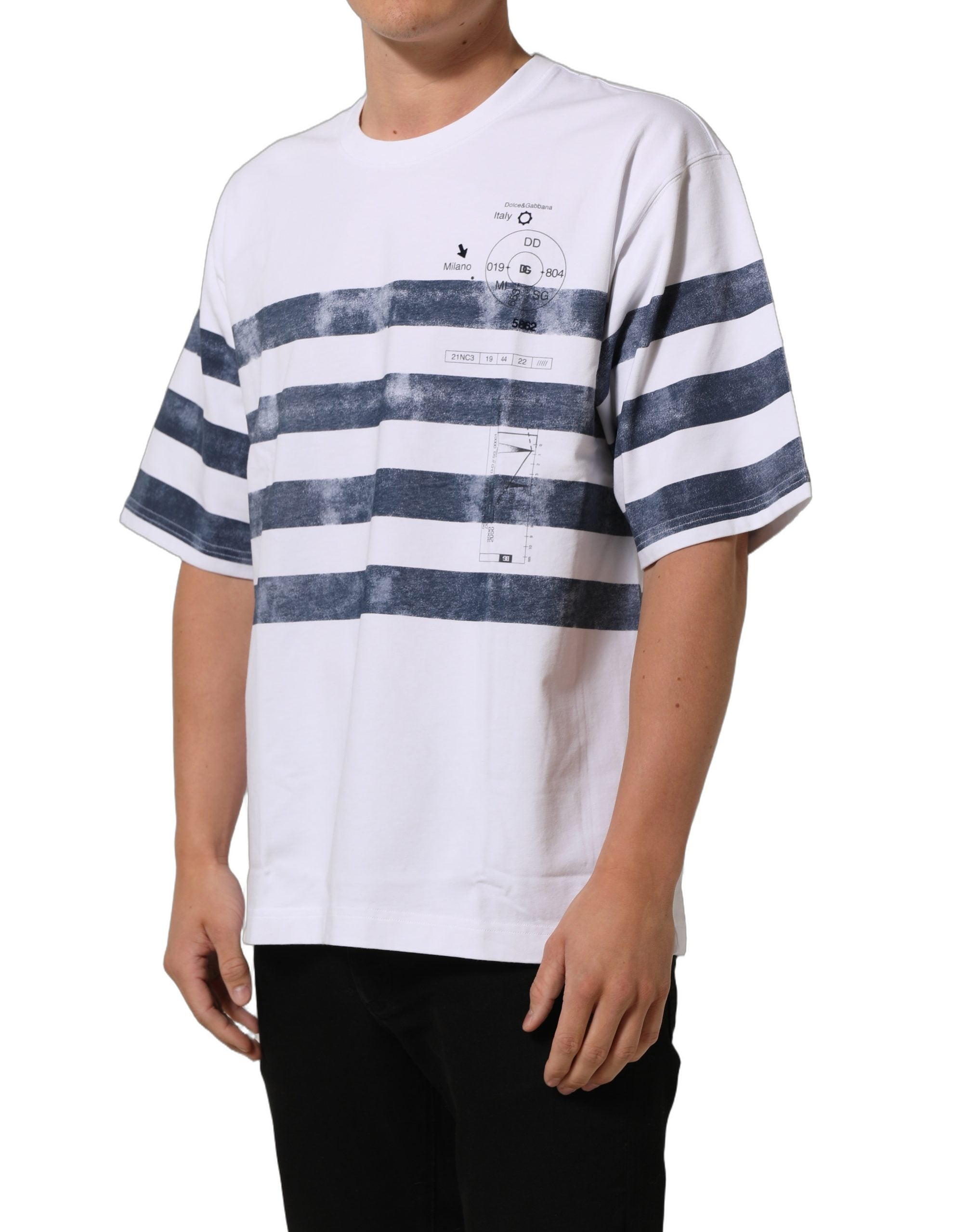 Dolce & Gabbana White Blue Stripe Cotton Short Sleeve Men's T-shirt (Pre-Owned)