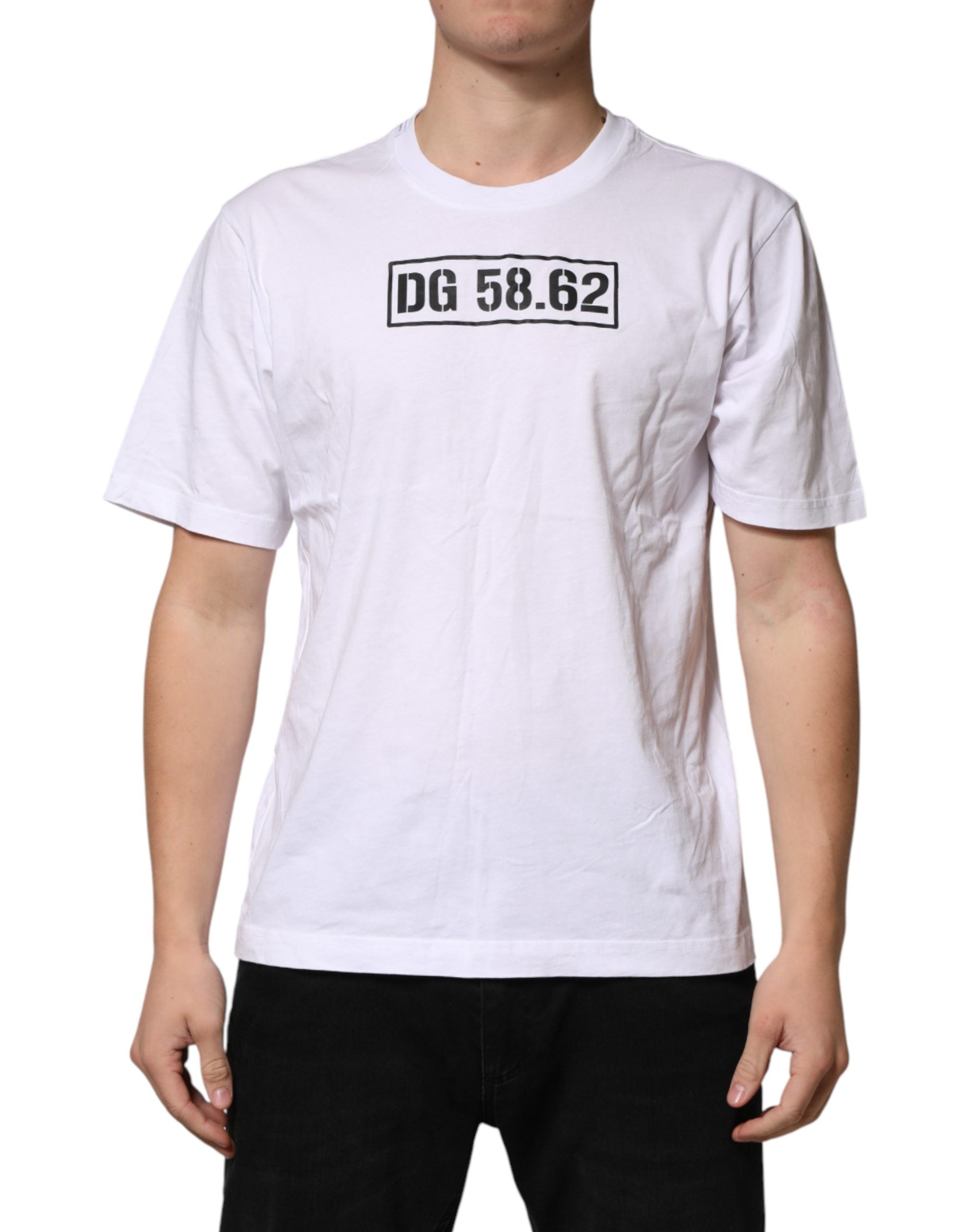 Dolce & Gabbana White Cotton Logo Print Crew Neck Men's T-shirt (Pre-Owned)