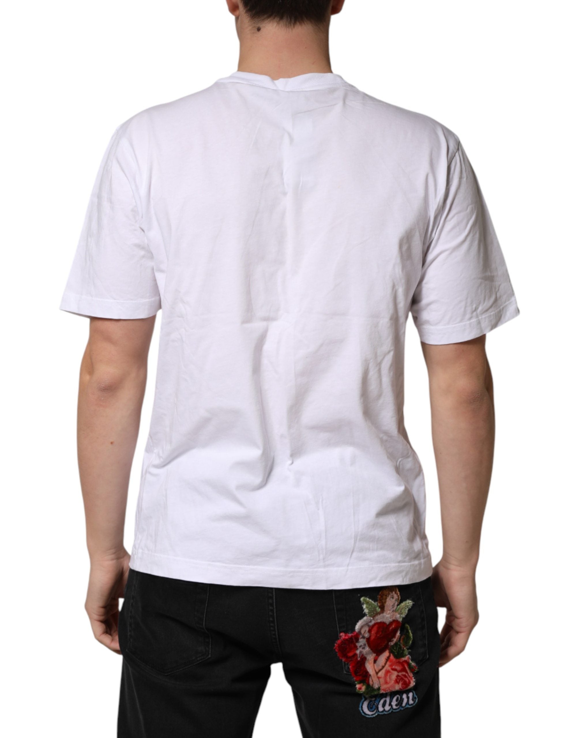 Dolce & Gabbana White Cotton Logo Print Crew Neck Men's T-shirt (Pre-Owned)