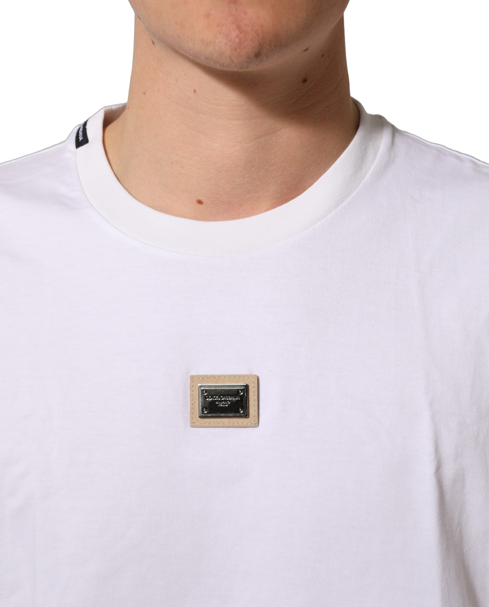 Dolce & Gabbana White Cotton Logo Plaque Crew Neck Men's T-shirt