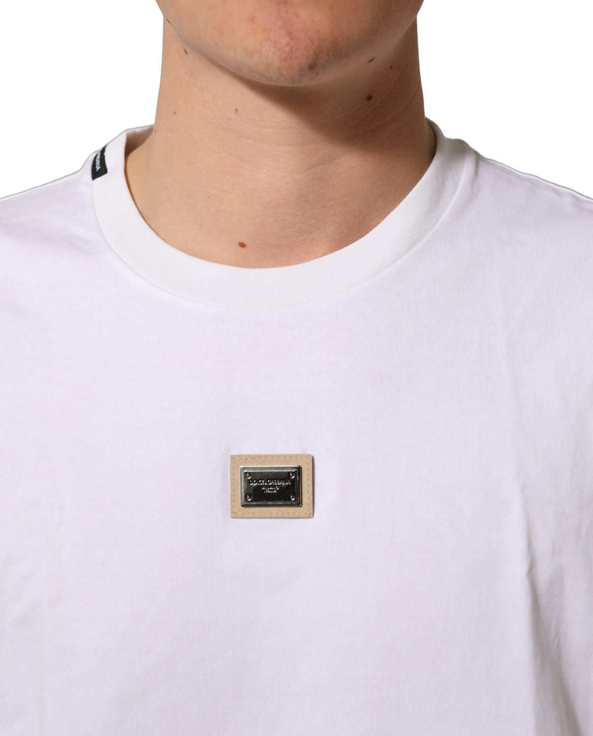 Dolce & Gabbana White Cotton Logo Plaque Crew Neck Men's T-shirt