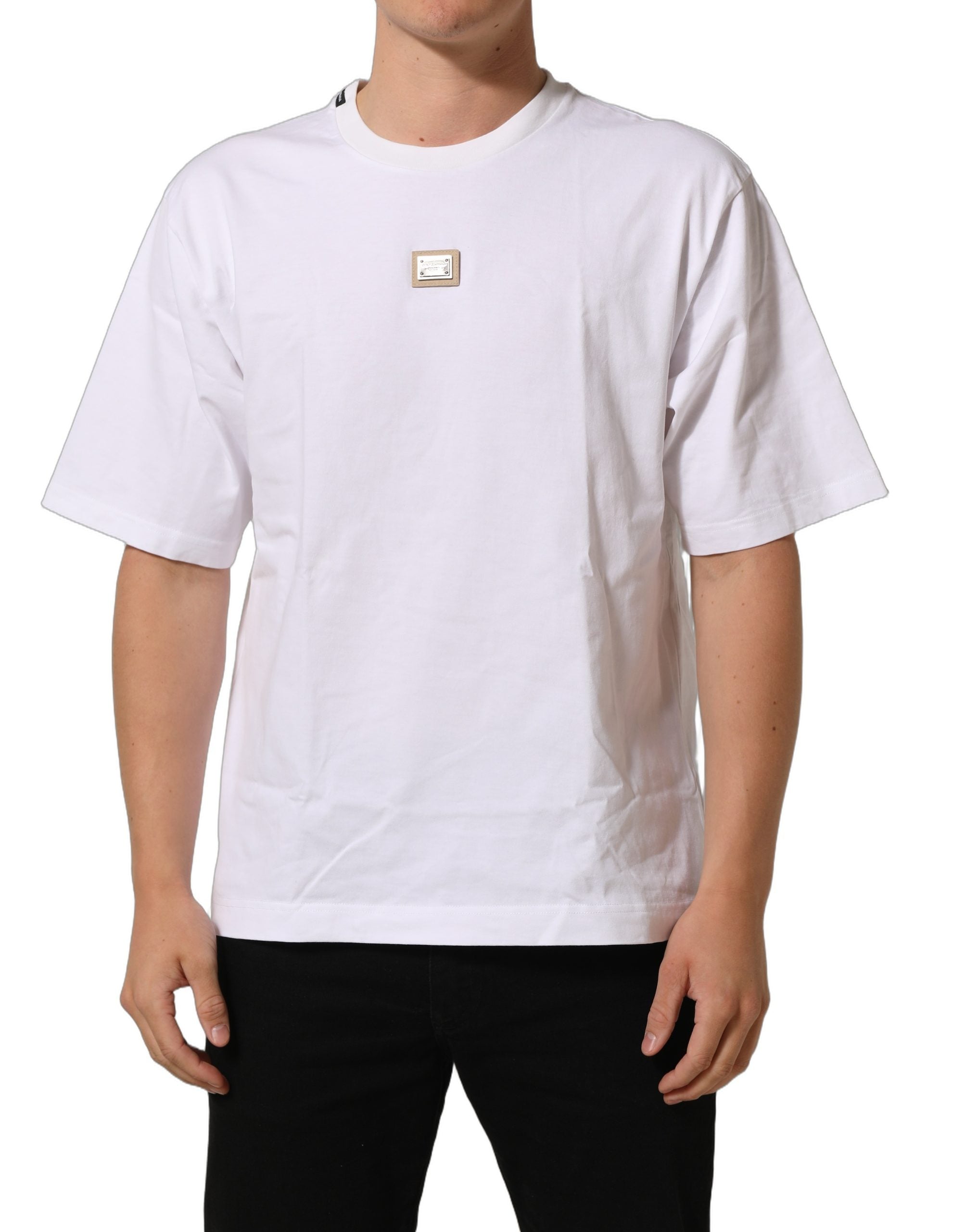 Dolce & Gabbana White Cotton Logo Plaque Crew Neck Men's T-shirt