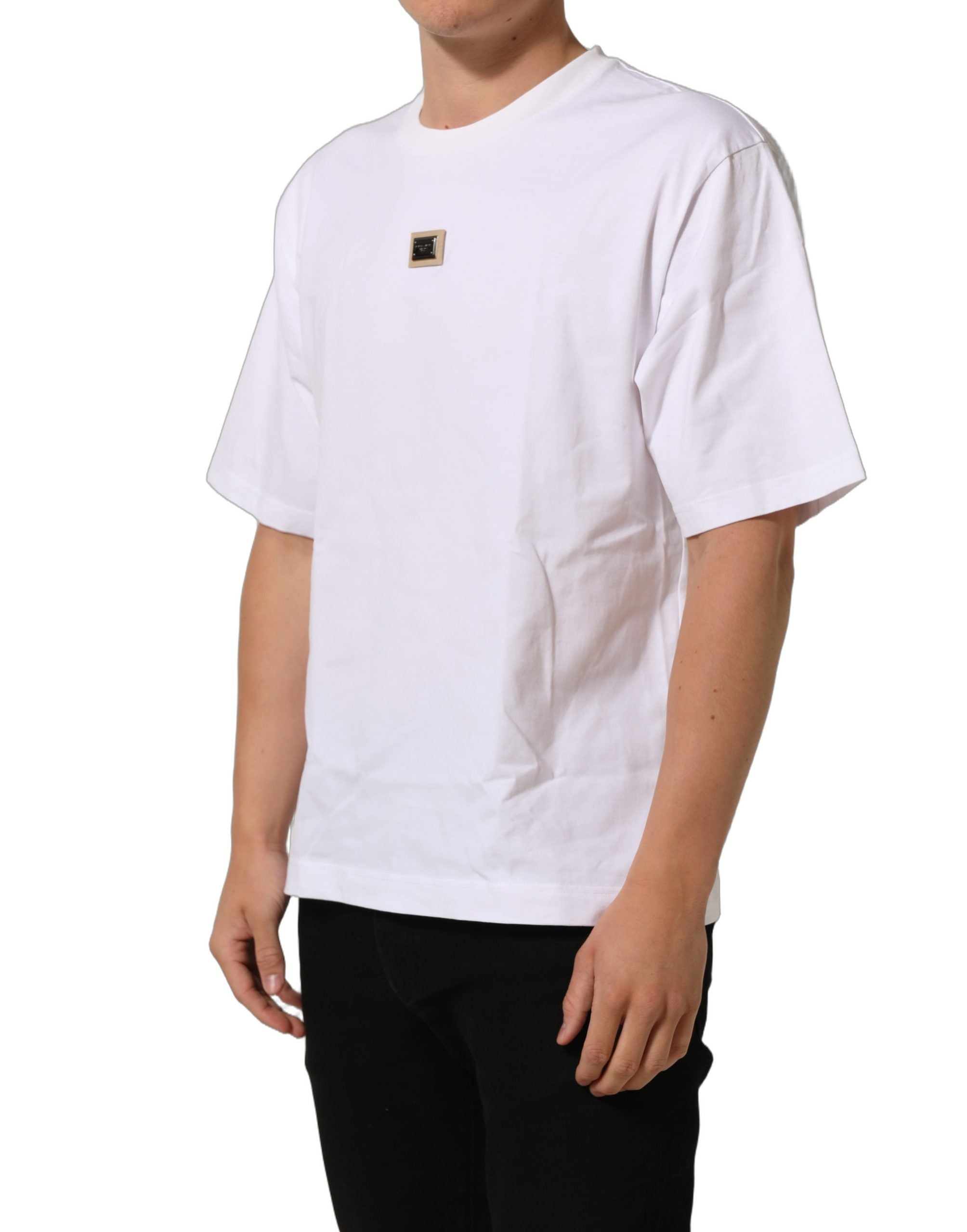 Dolce & Gabbana White Cotton Logo Plaque Crew Neck Men's T-shirt