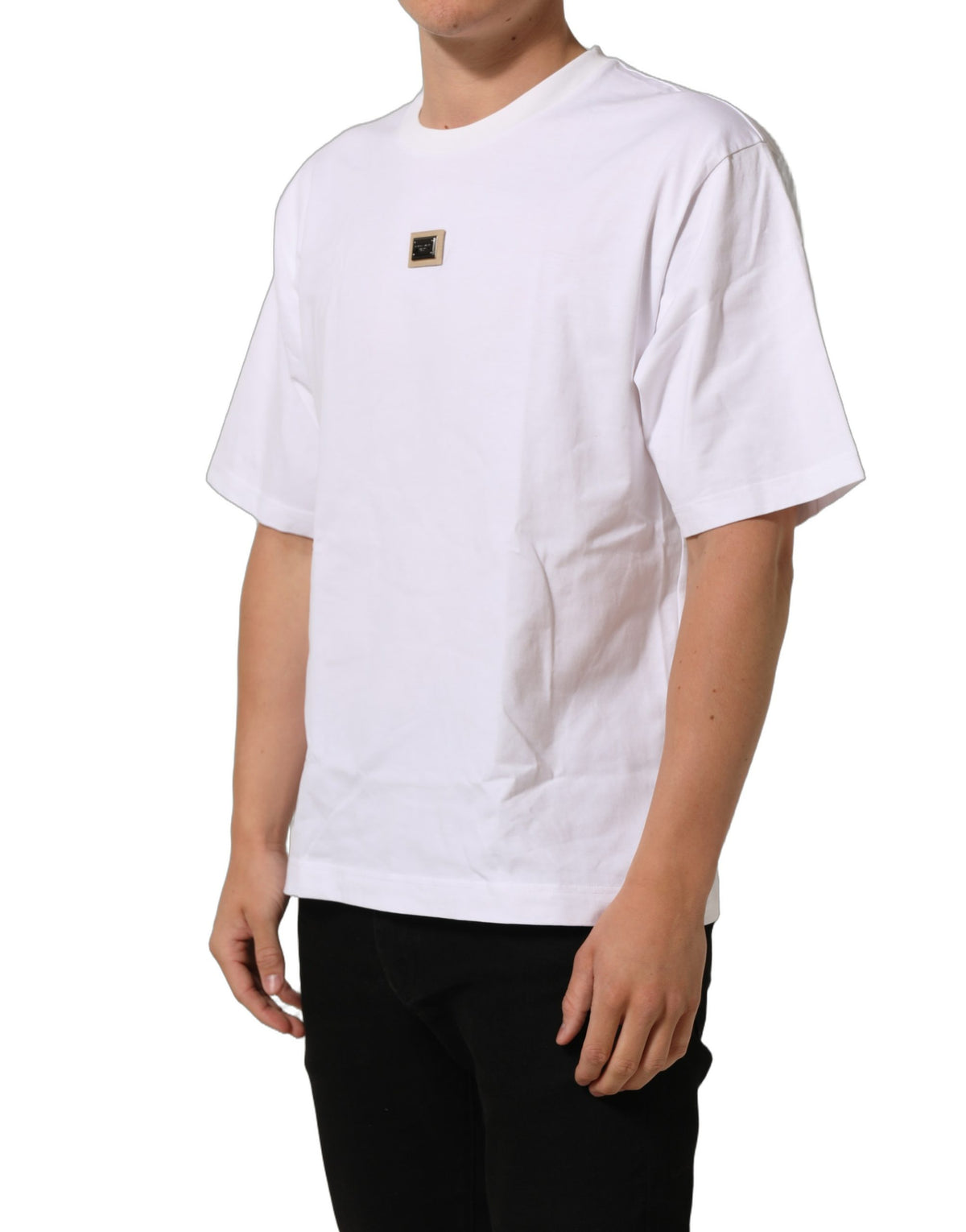 Dolce & Gabbana White Cotton Logo Plaque Crew Neck Men's T-shirt