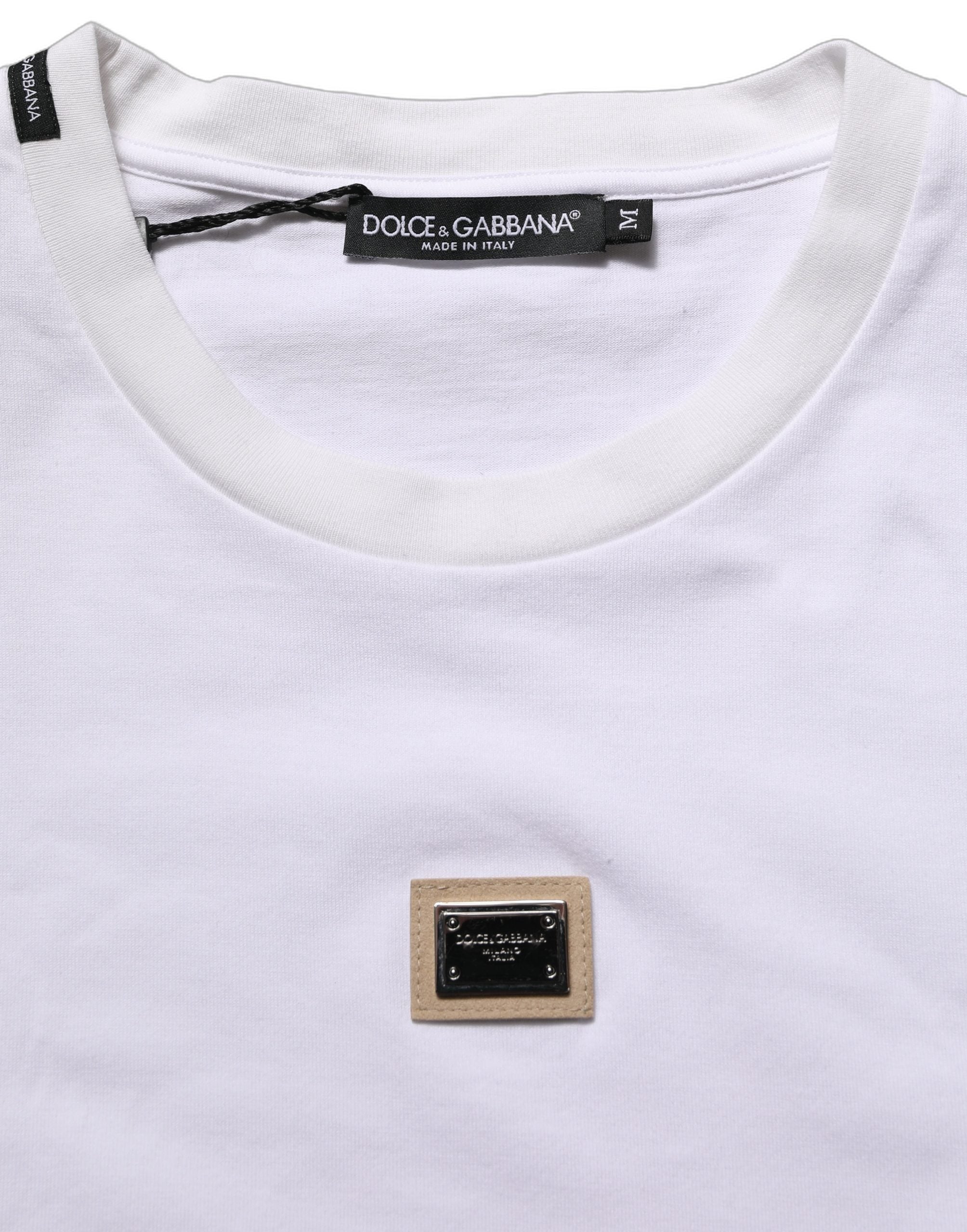 Dolce & Gabbana White Cotton Logo Plaque Crew Neck Men's T-shirt