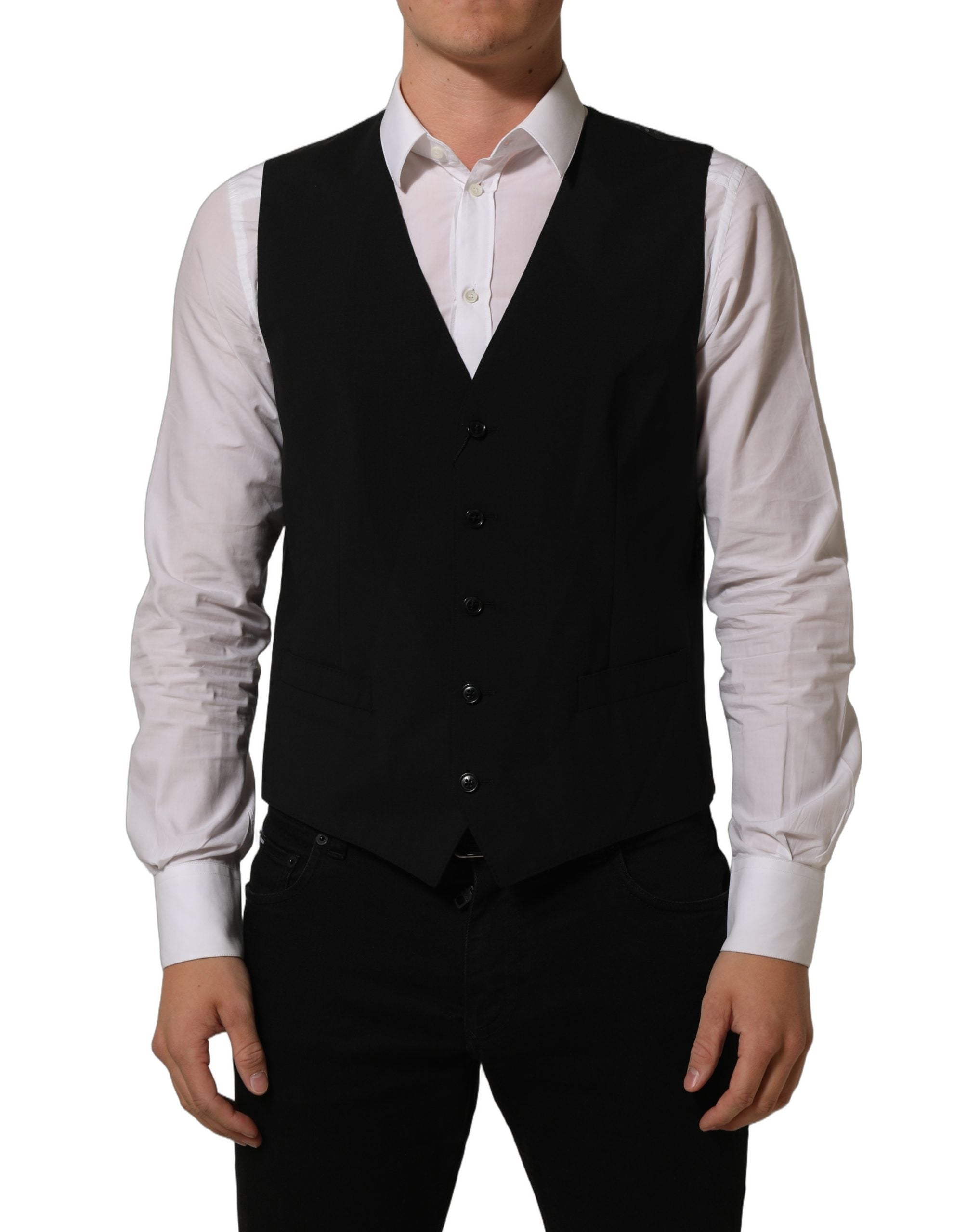 Dolce & Gabbana Black Wool Stretch Waistcoat Formal Dress Men's Vest