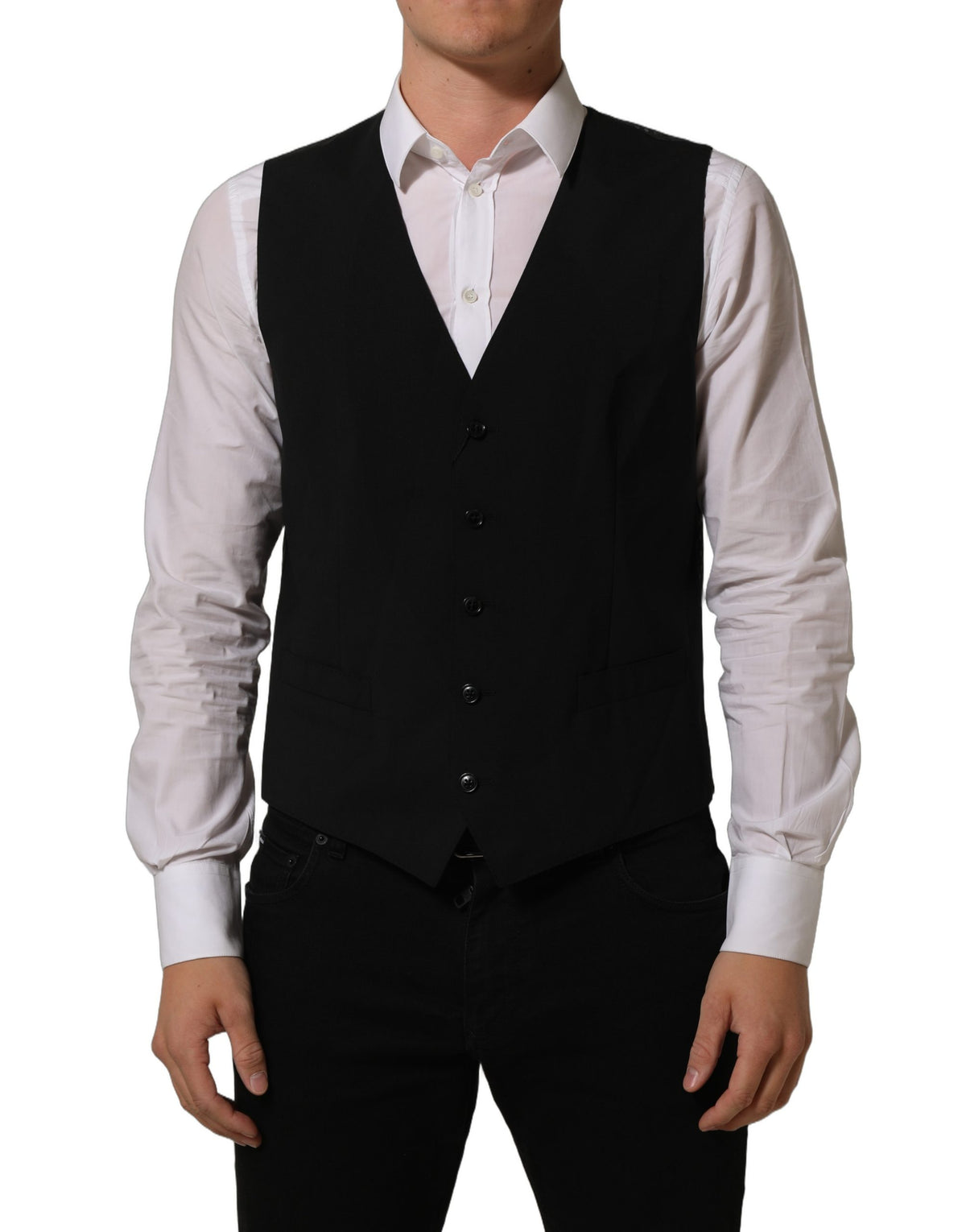 Dolce & Gabbana Black Wool Stretch Waistcoat Formal Dress Men's Vest