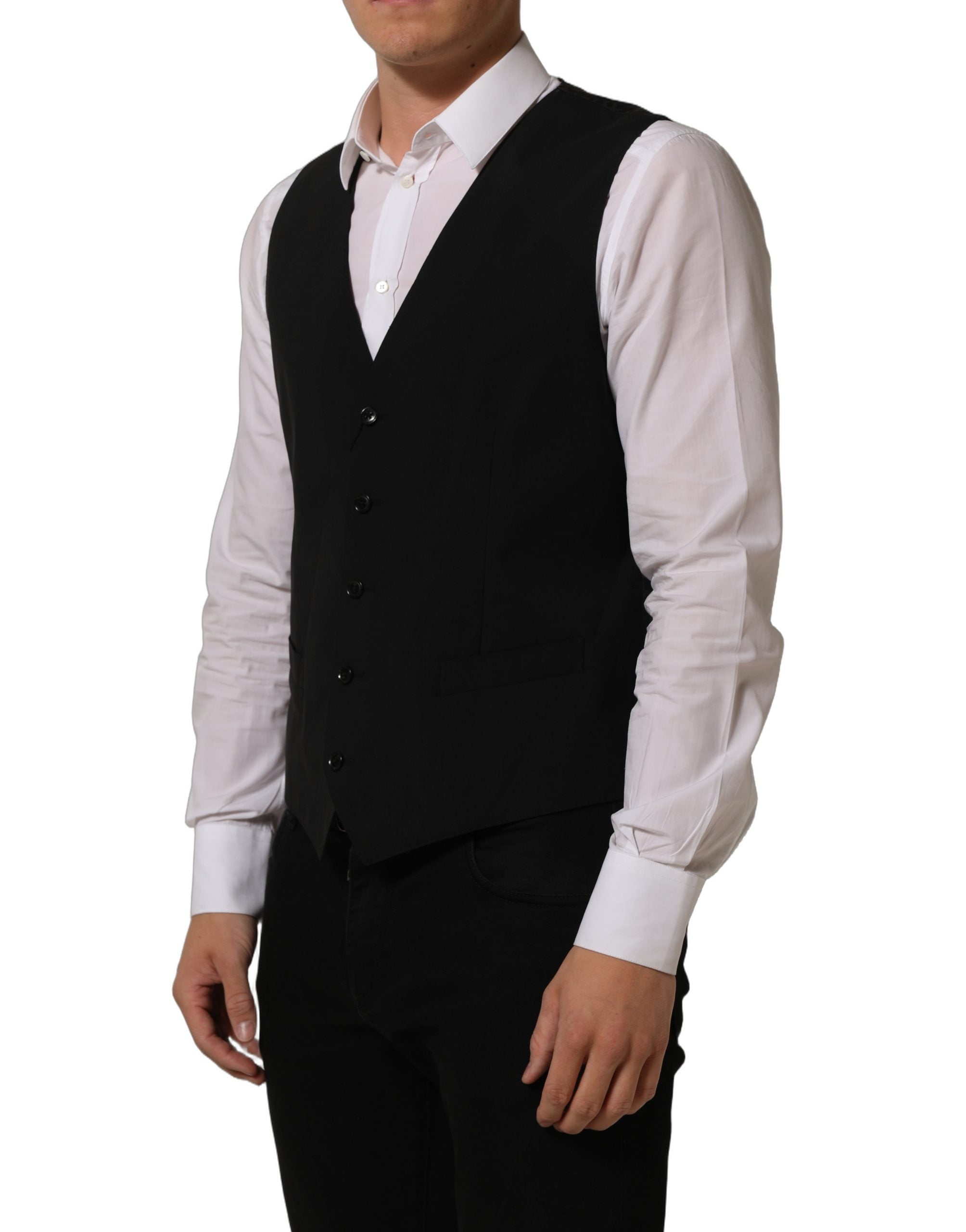 Dolce & Gabbana Black Wool Stretch Waistcoat Formal Dress Men's Vest