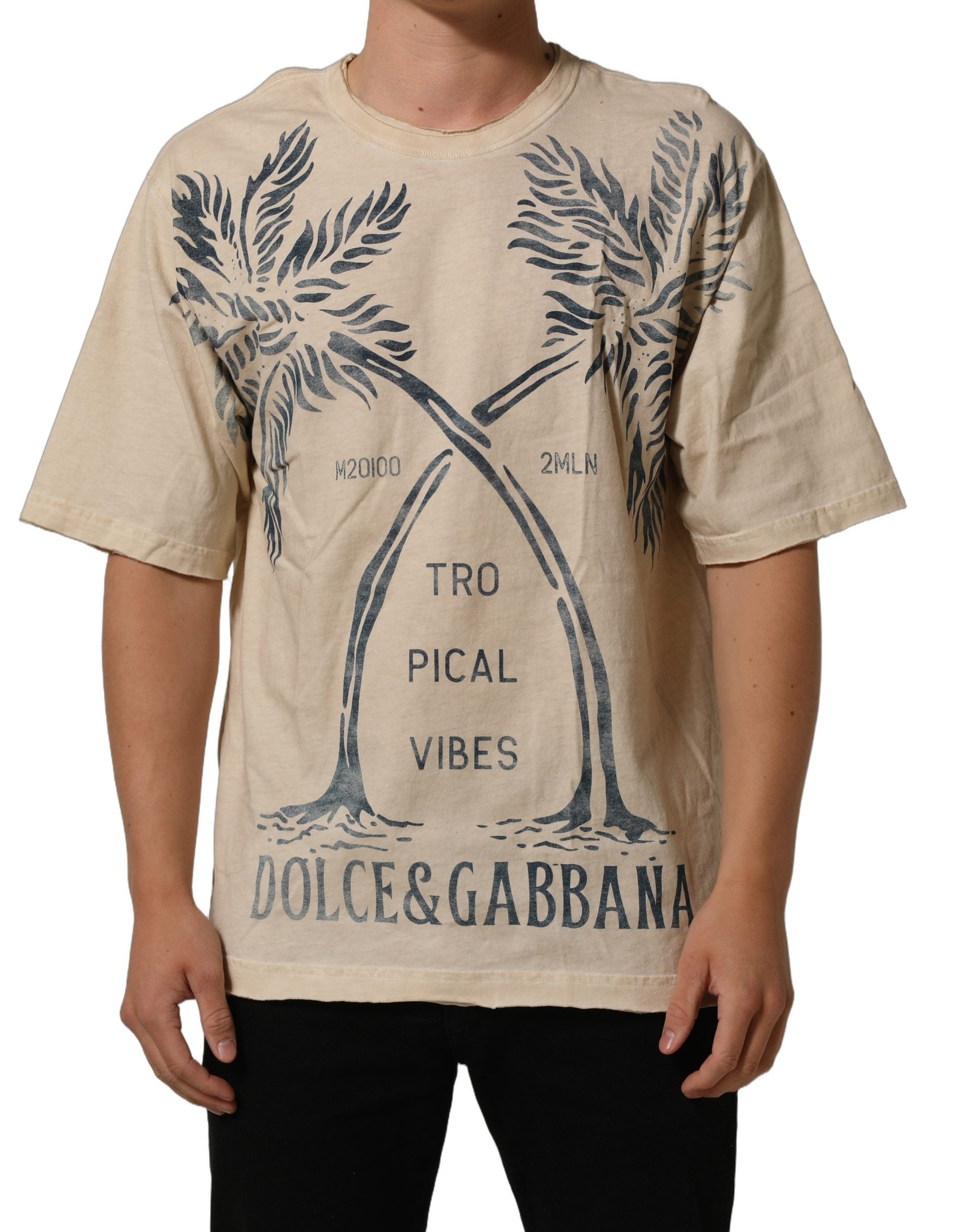 Dolce & Gabbana Beige Cotton Graphic Print Crew Neck Men's T-shirt (Pre-Owned)
