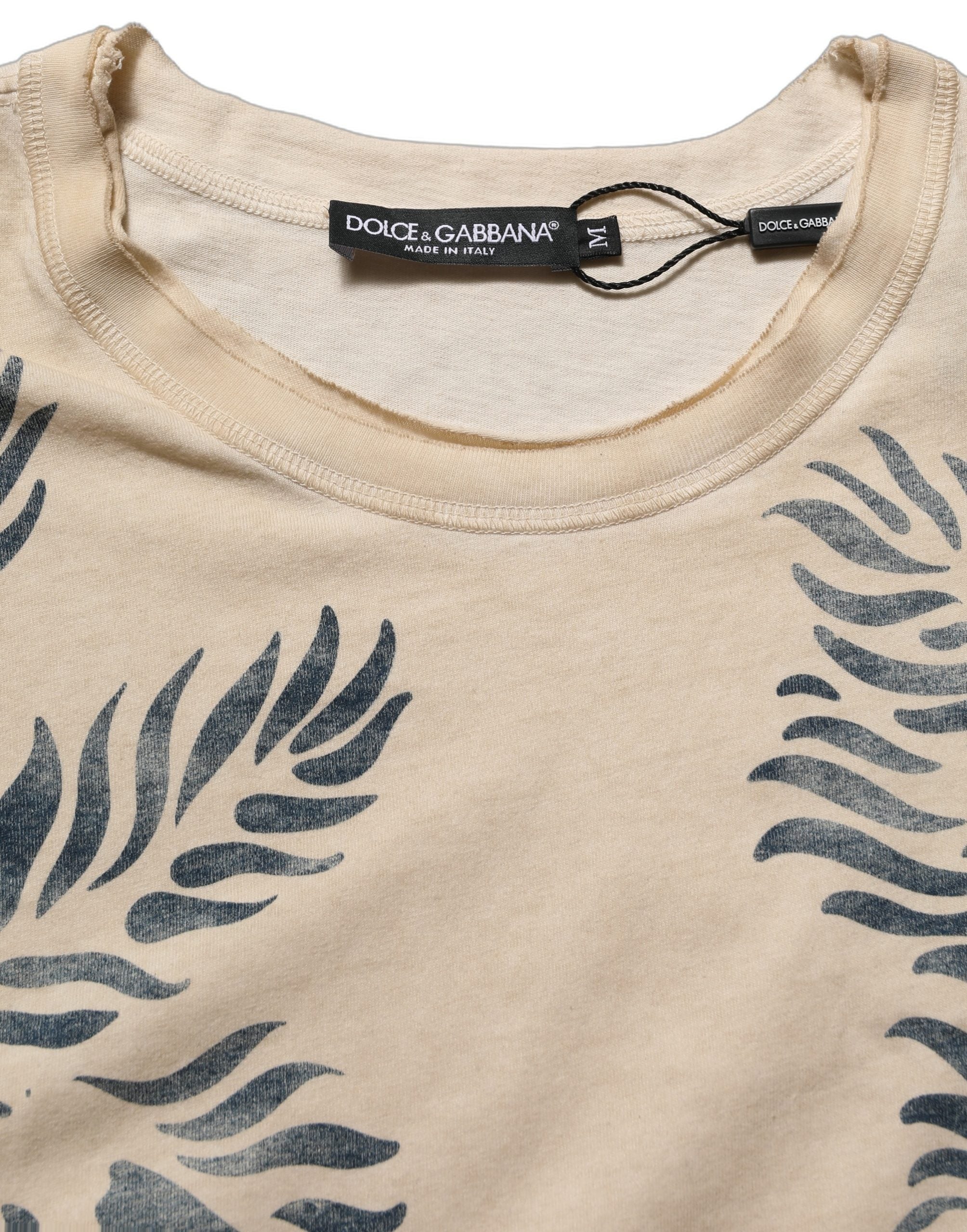 Dolce & Gabbana Beige Cotton Graphic Print Crew Neck Men's T-shirt (Pre-Owned)