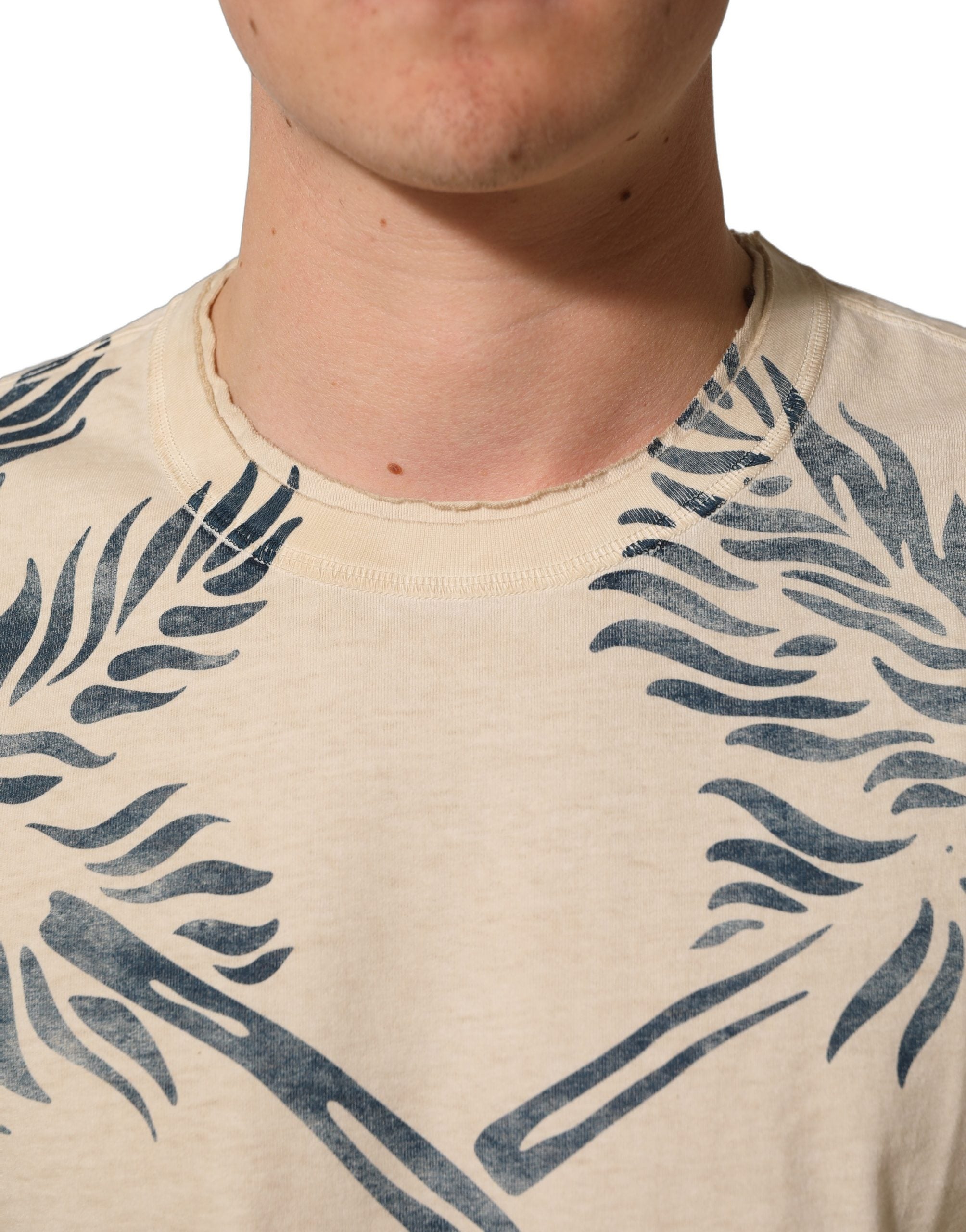 Dolce & Gabbana Beige Cotton Graphic Print Crew Neck Men's T-shirt (Pre-Owned)