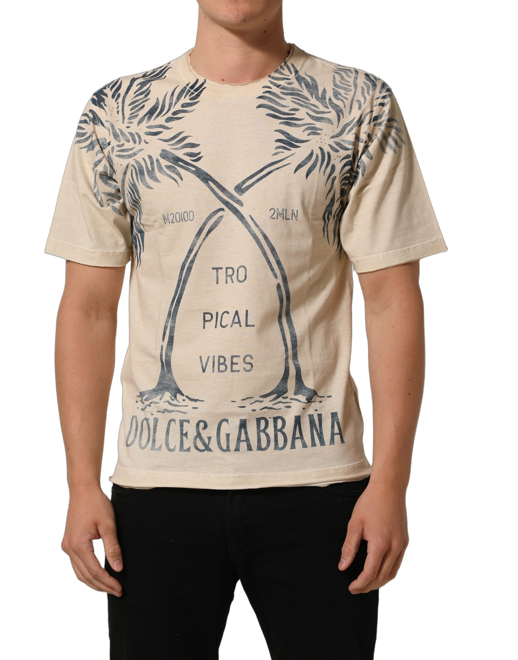 Dolce & Gabbana Beige Cotton Graphic Print Crew Neck Men's T-shirt (Pre-Owned)