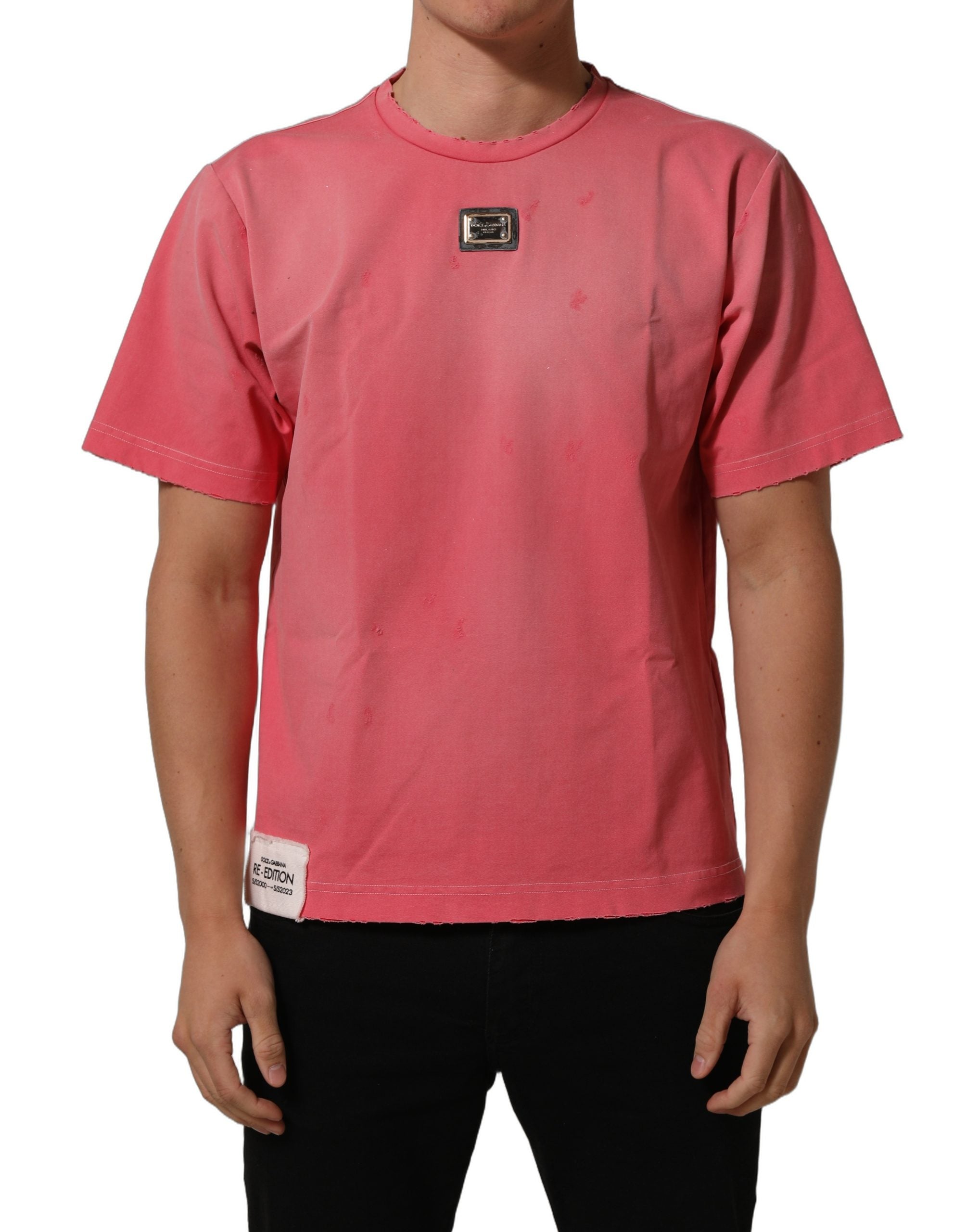 Dolce & Gabbana Pink Re-Edition Distressed Crew Neck Men's T-shirt (Pre-Owned)