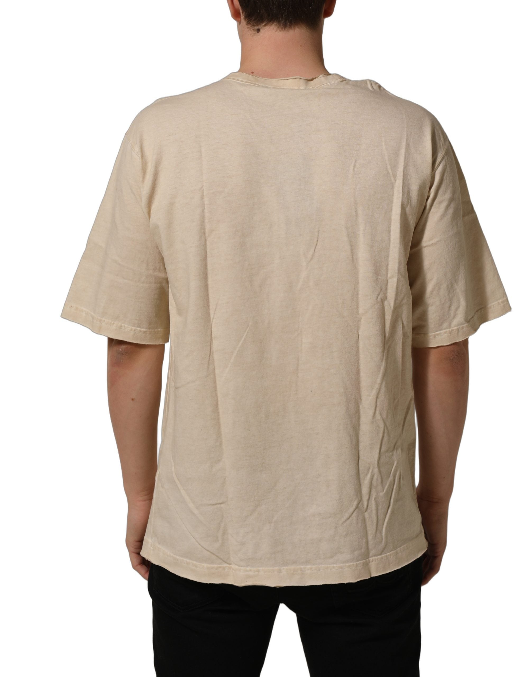 Dolce & Gabbana Beige Cotton Graphic Print Crew Neck Men's T-shirt (Pre-Owned)