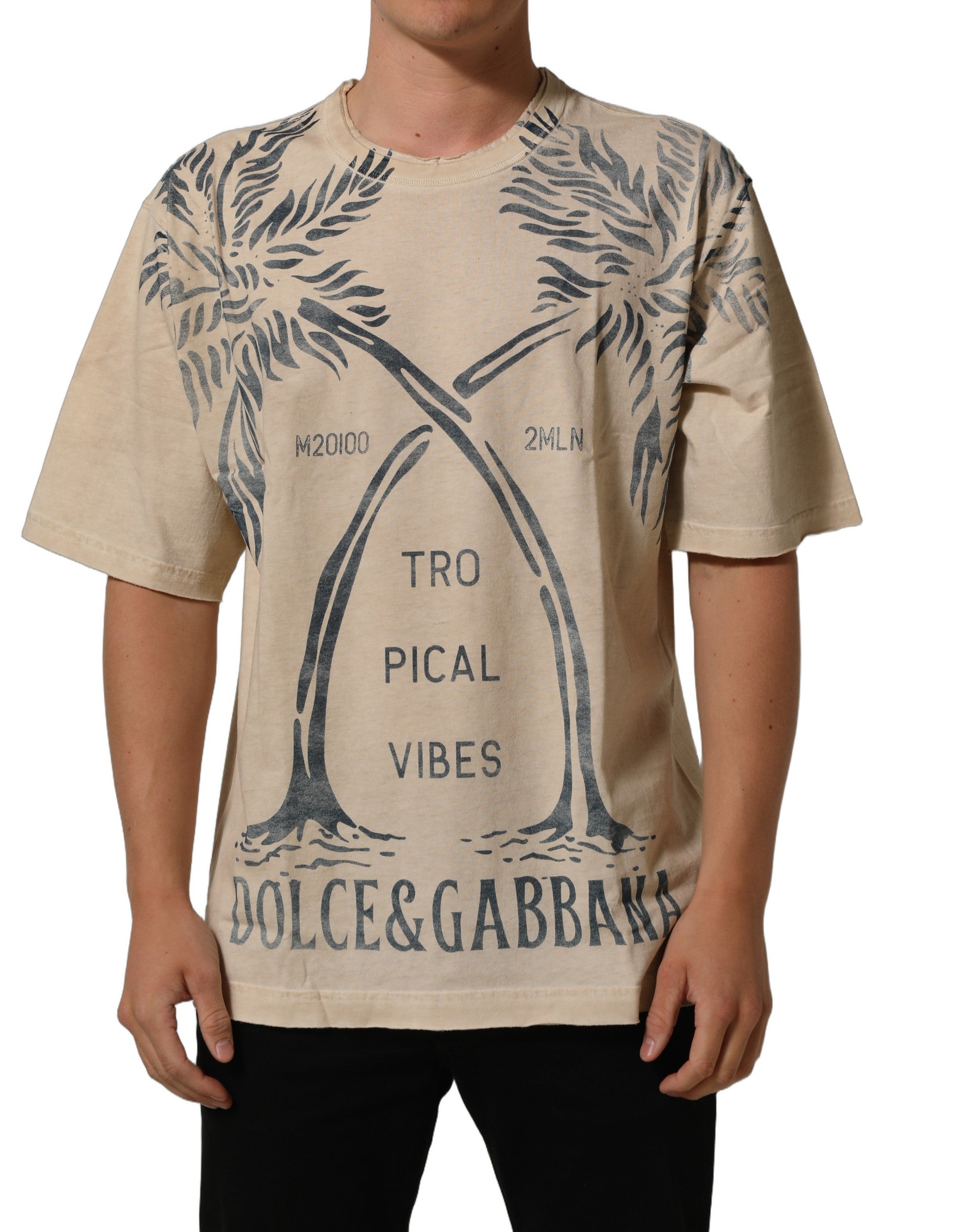 Dolce & Gabbana Beige Cotton Graphic Print Crew Neck Men's T-shirt (Pre-Owned)