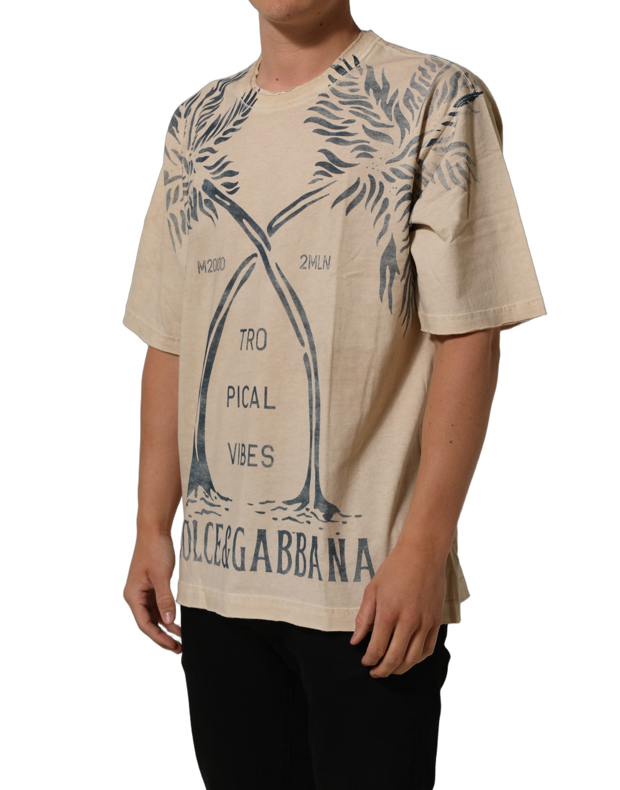 Dolce & Gabbana Beige Cotton Graphic Print Crew Neck Men's T-shirt (Pre-Owned)