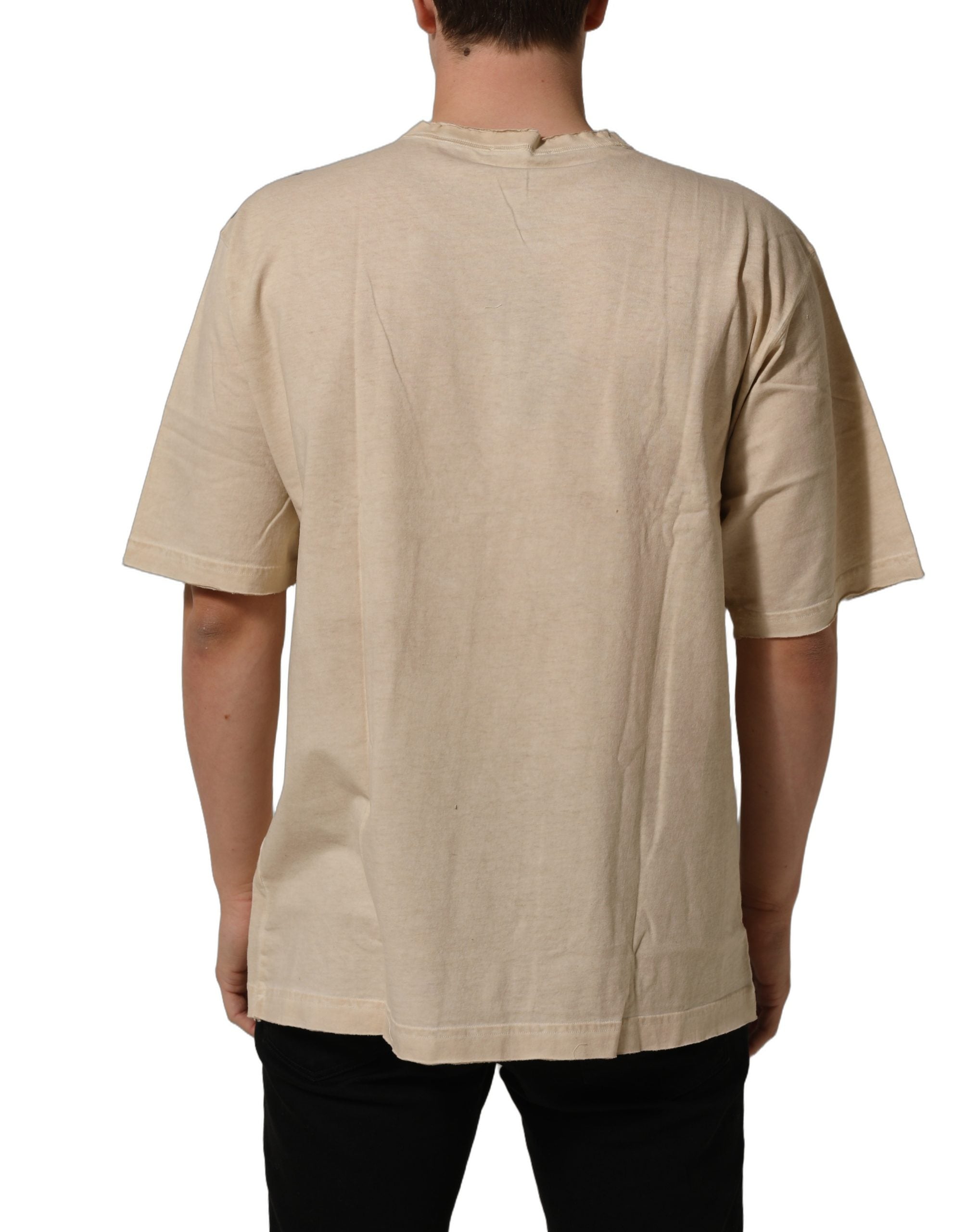 Dolce & Gabbana Beige Cotton Graphic Print Crew Neck Men's T-shirt (Pre-Owned)