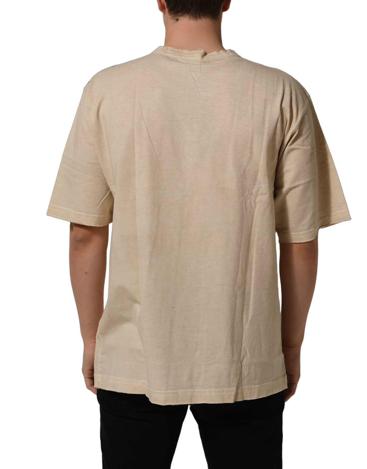 Dolce & Gabbana Beige Cotton Graphic Print Crew Neck Men's T-shirt (Pre-Owned)