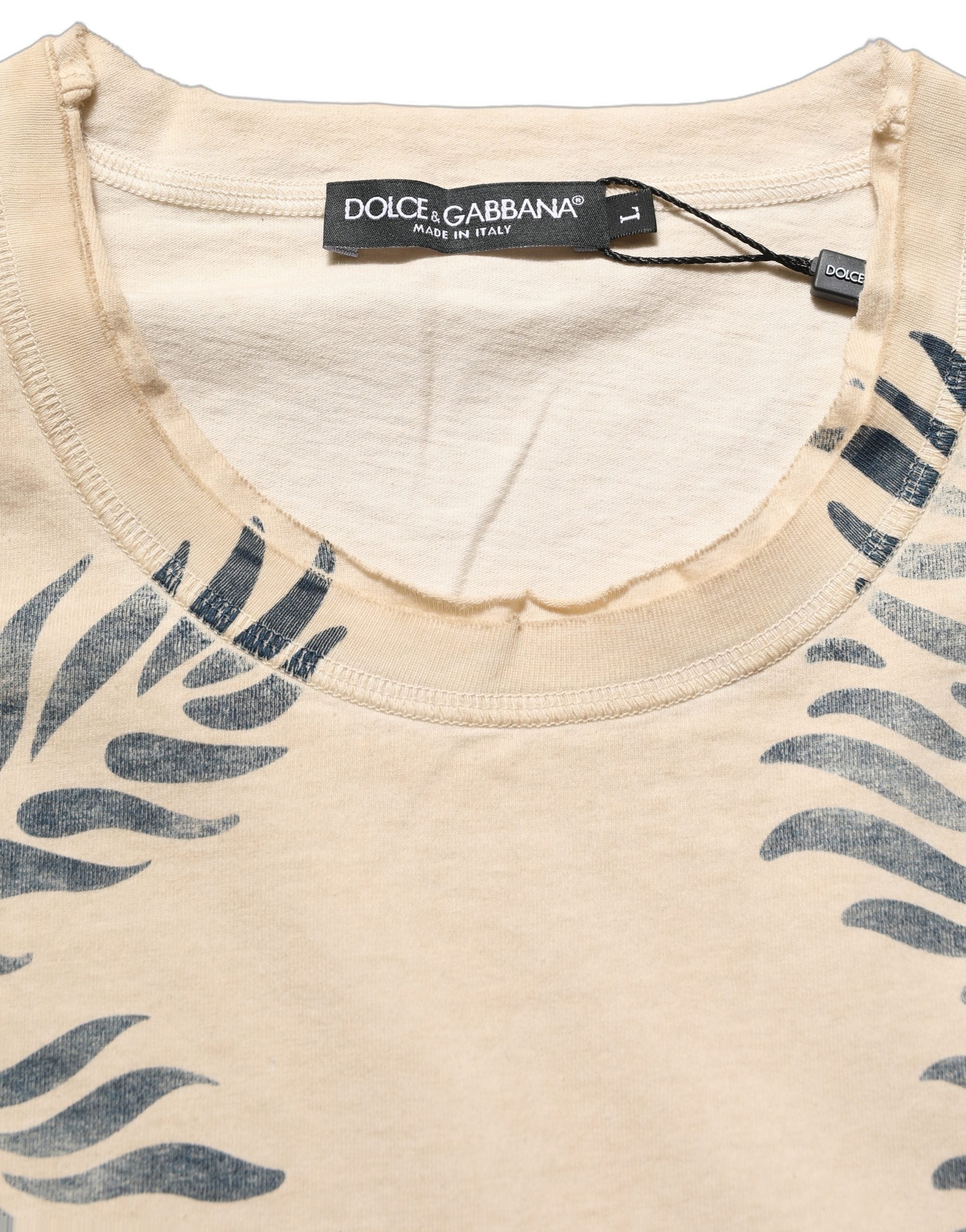 Dolce & Gabbana Beige Cotton Graphic Print Crew Neck Men's T-shirt (Pre-Owned)