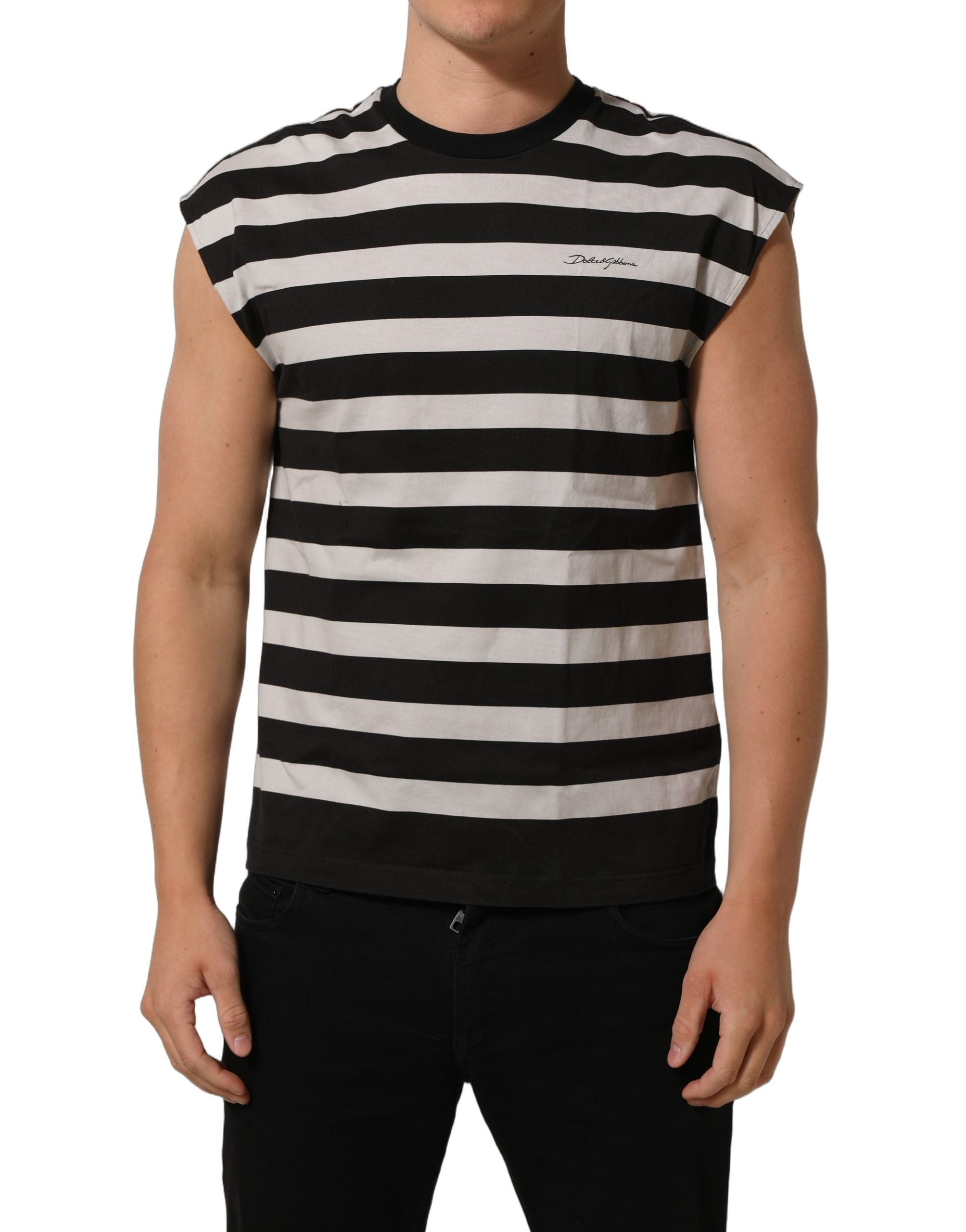 Dolce & Gabbana Black White Stripes Cotton Sleeveless Men's T-shirt