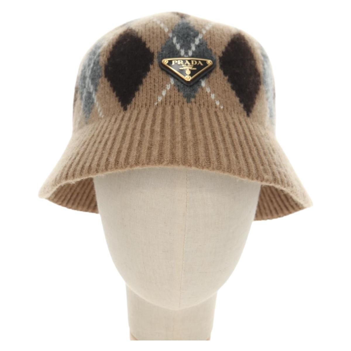 Prada Triangle Logo Bucket Hat Wool & Cashmere Beige Wool Head Accessory Accessory (Pre-Owned)
