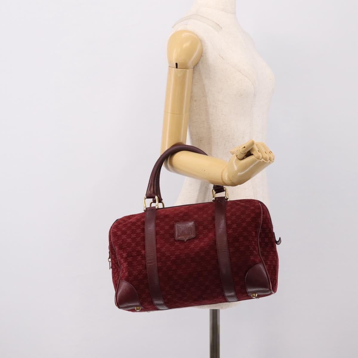 Celine Vintage Macadam Boston Velvet And Leather Burgundy Velvet Handbag (Pre-Owned)