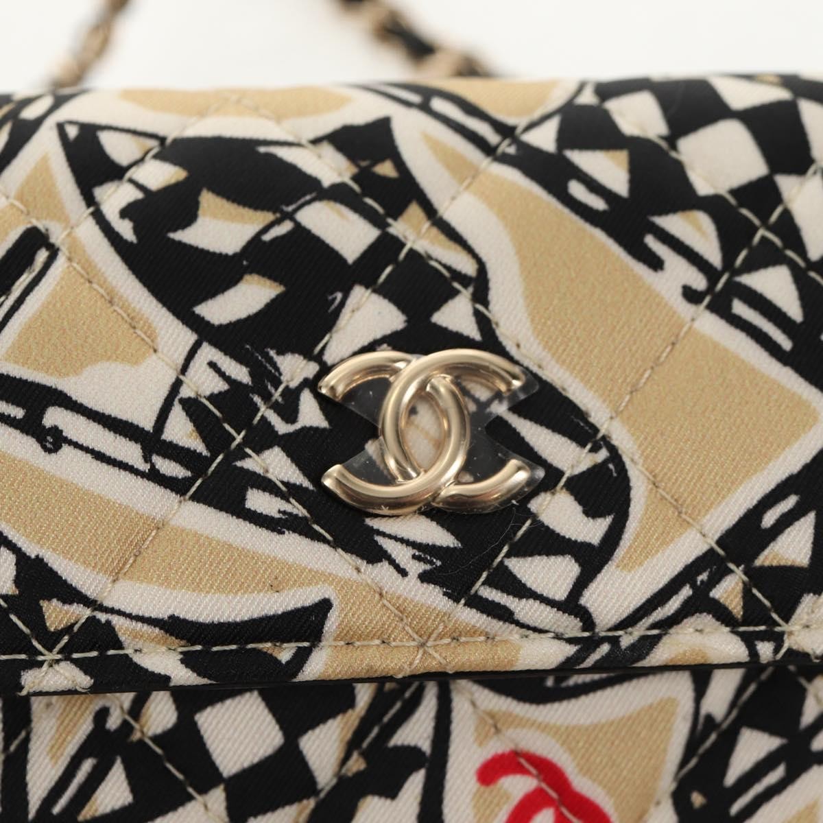 Chanel Flap Card Holder On Chain Quilted Printed Canvas Beige Satin Shoulder Bag Bag (Pre-Owned)