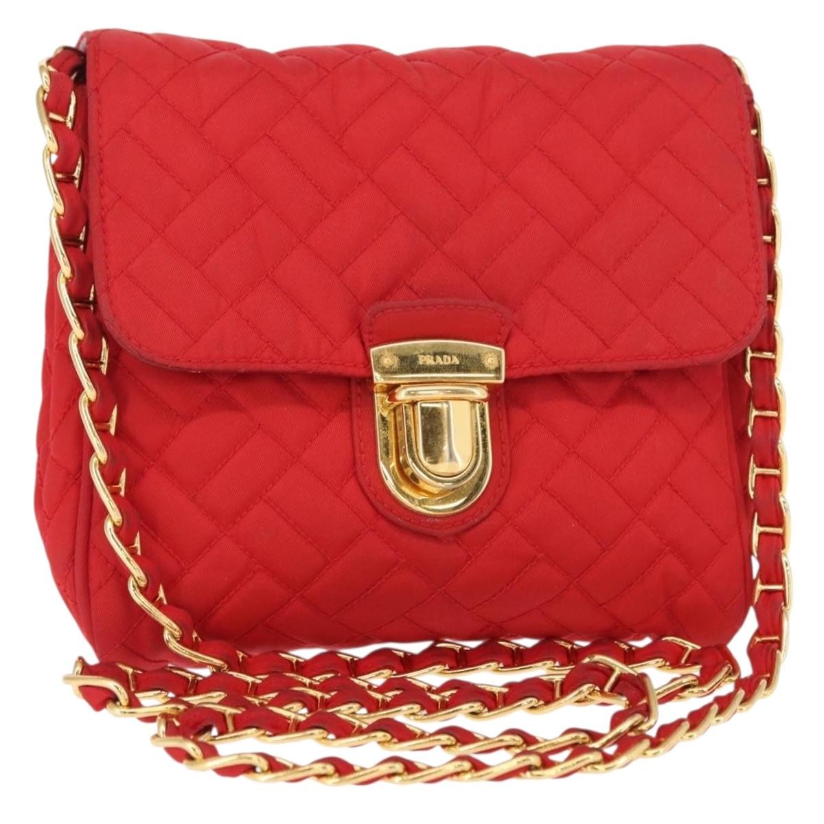 Prada Pushlock Chain Flap Quilted Tessuto Red Nylon Shoulder Bag Bag (Pre-Owned)