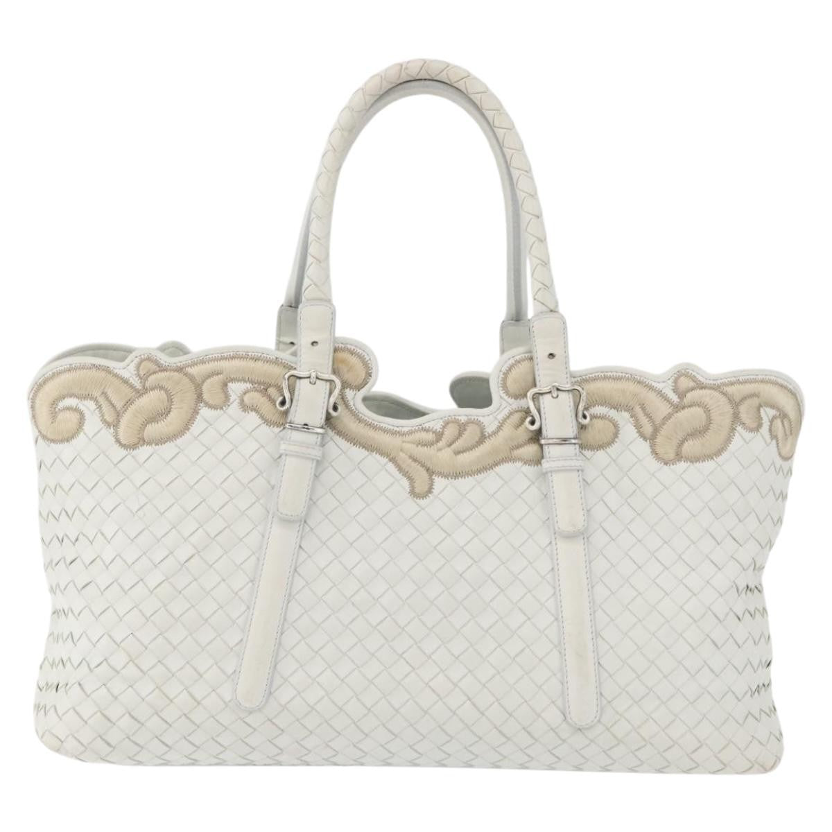 Bottega Veneta Belted Cabas Tote Intrecciato Nappa With Stitched Detail White Leather Tote Bag Bag (Pre-Owned)